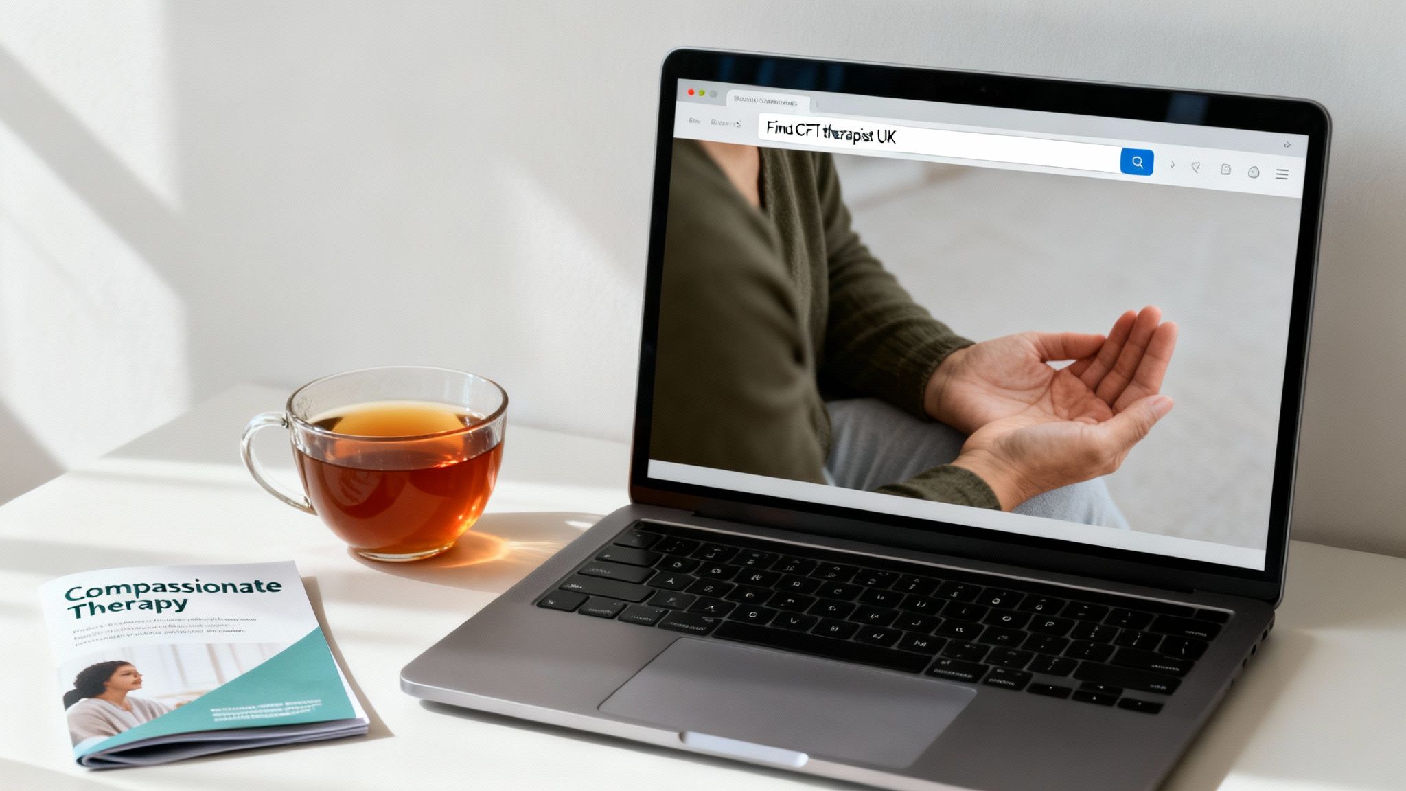 A laptop showing a search for 'CFT therapist UK' next to a tea mug and 'Compassionate Therapy' booklet.