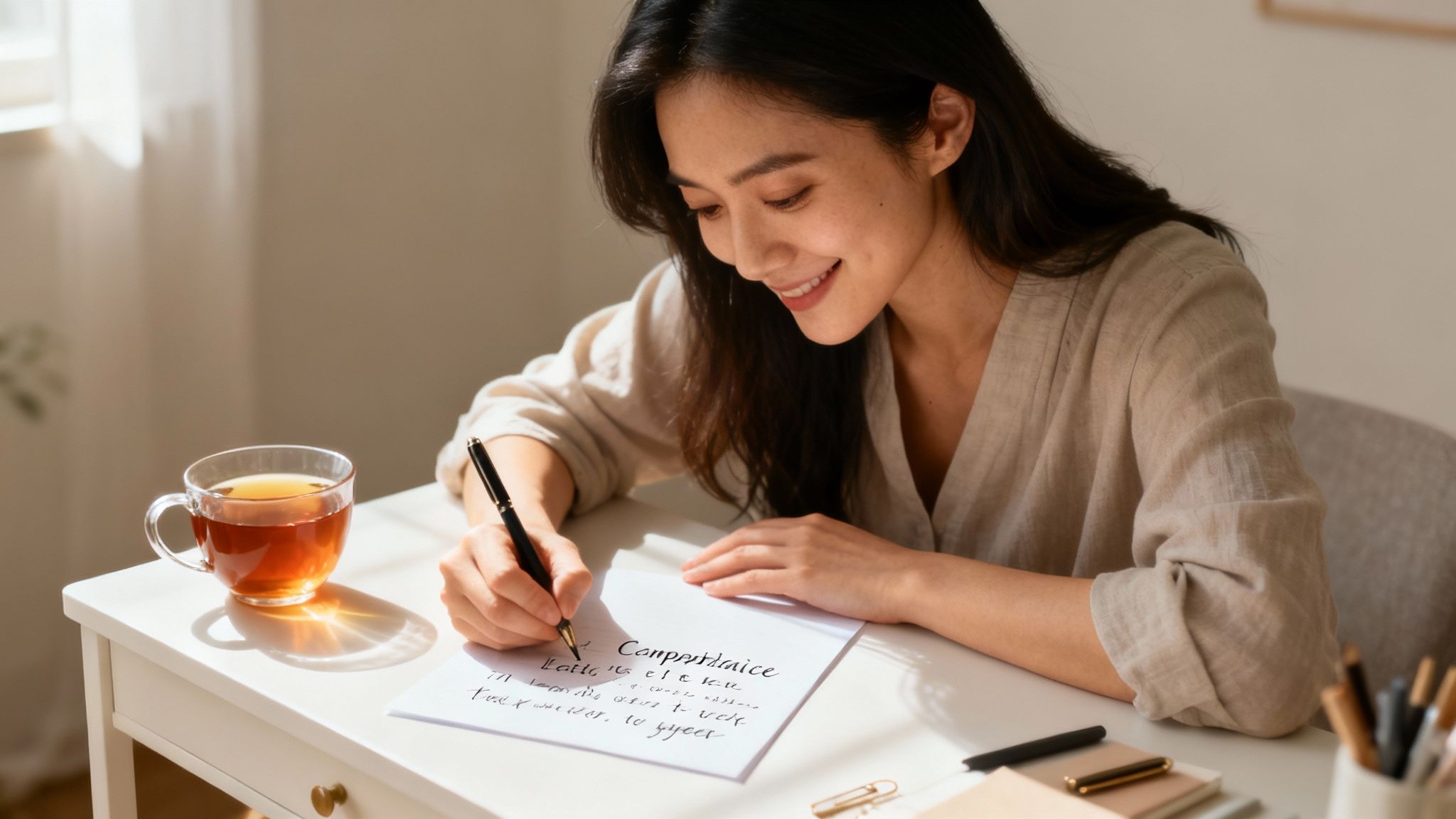 Woman practicing mindfulness while writing compassionate affirmations in journal with tea at desk