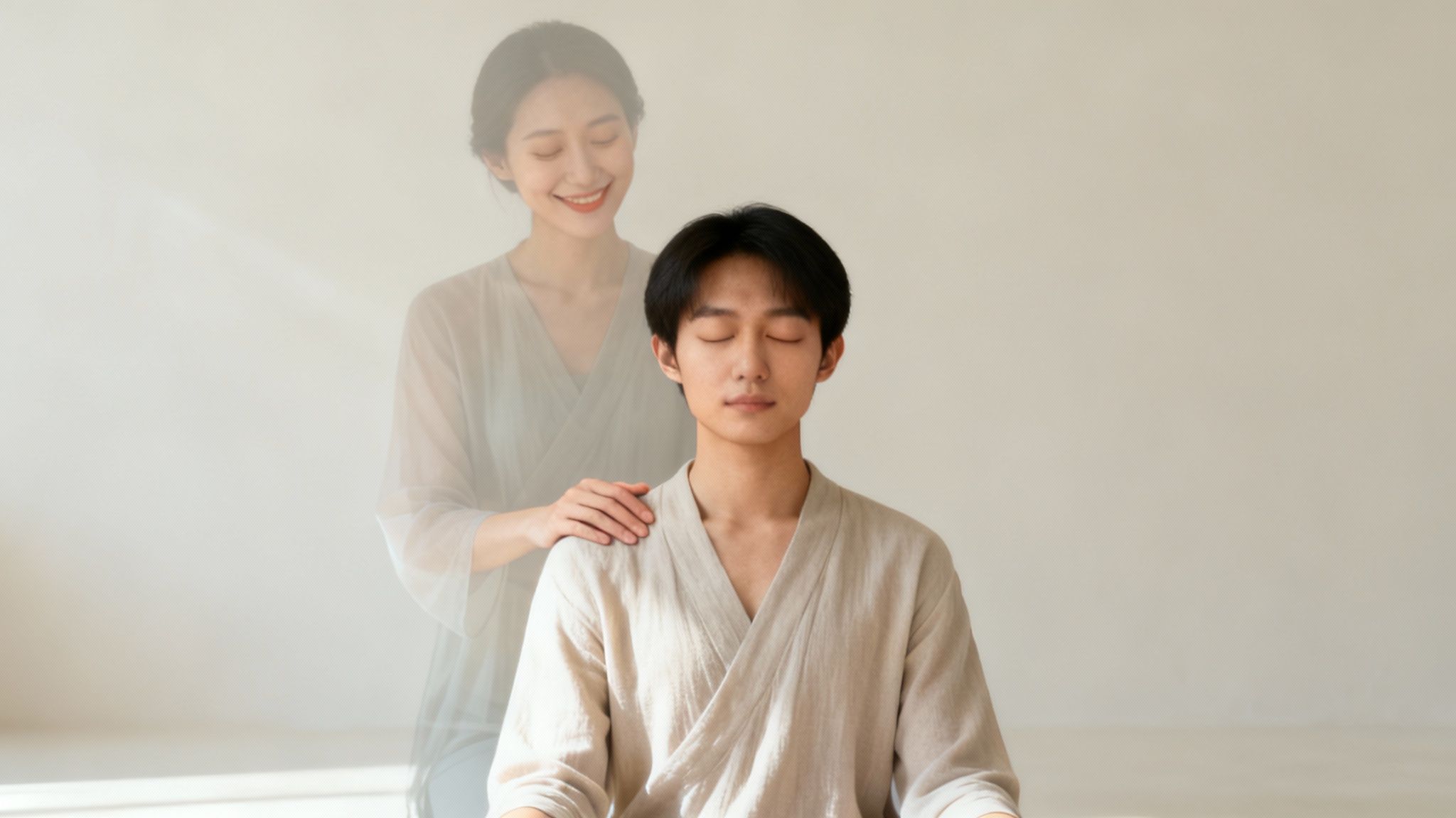 A man meditating with his eyes closed, a transparent woman smiling and touching his shoulder.