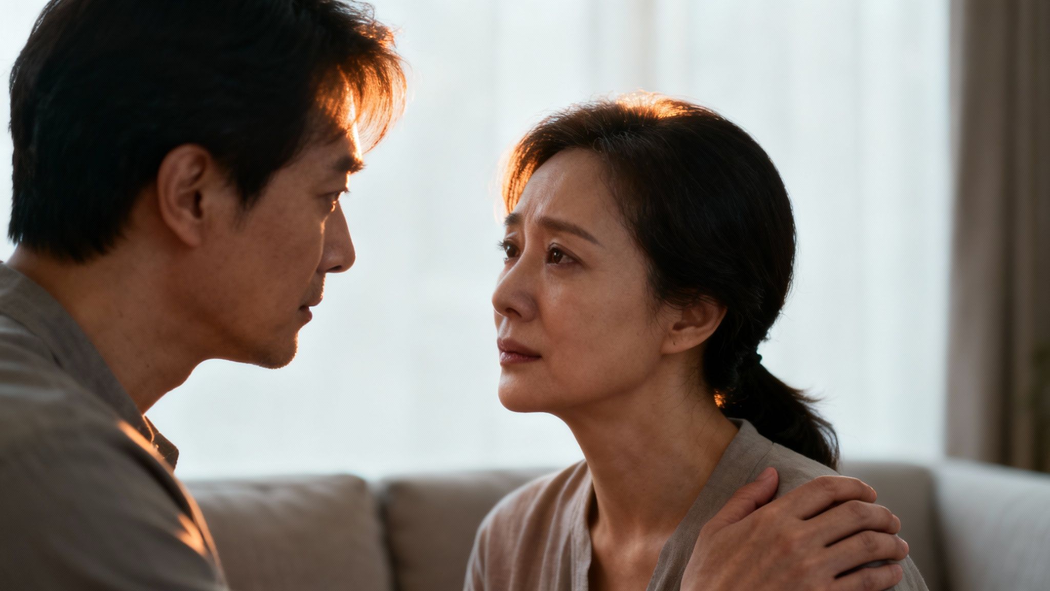 Asian couple having intimate conversation, man comforting woman with hand on shoulder indoors