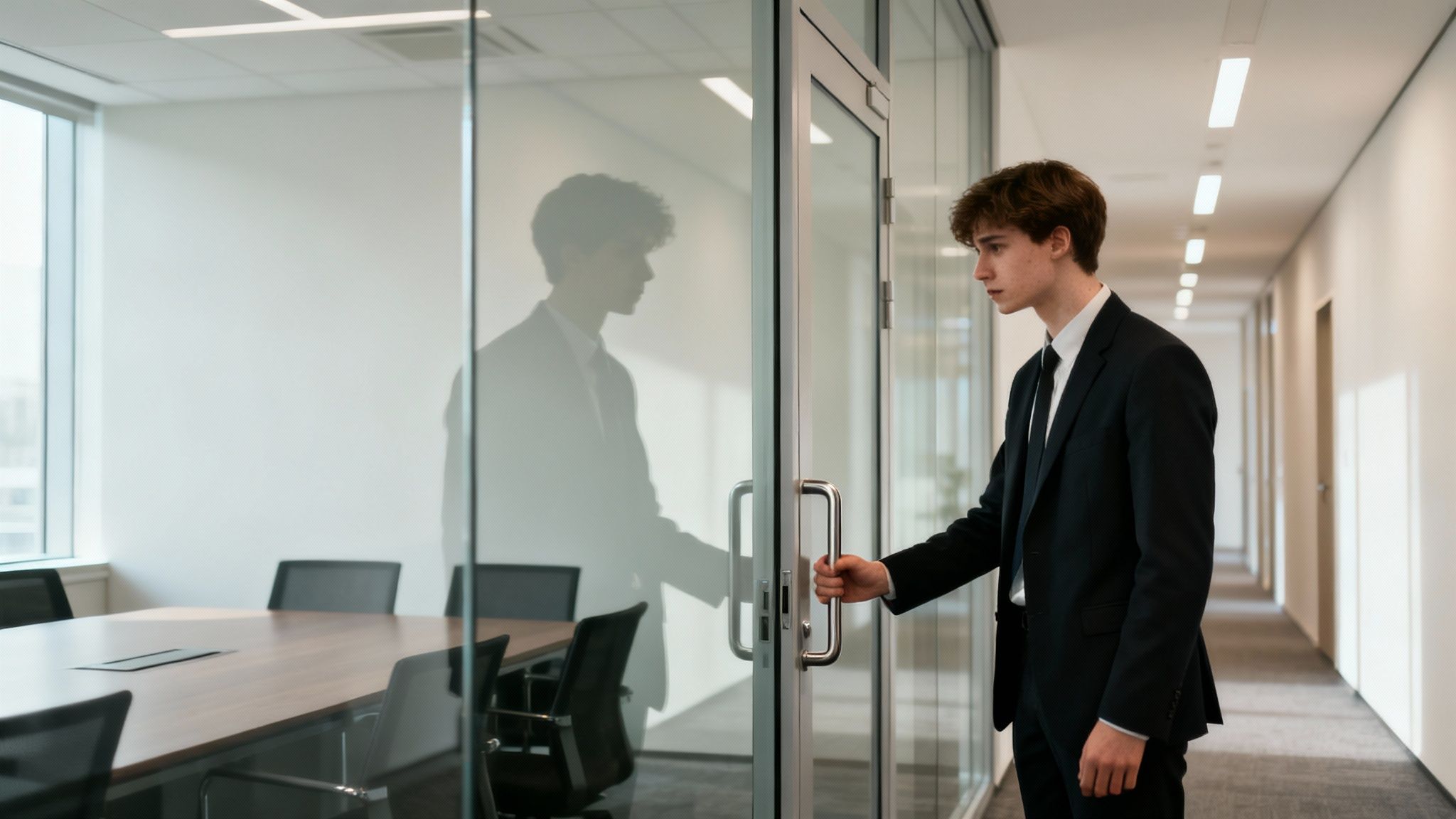 A thoughtful young man in a black suit opens a modern office meeting room door.