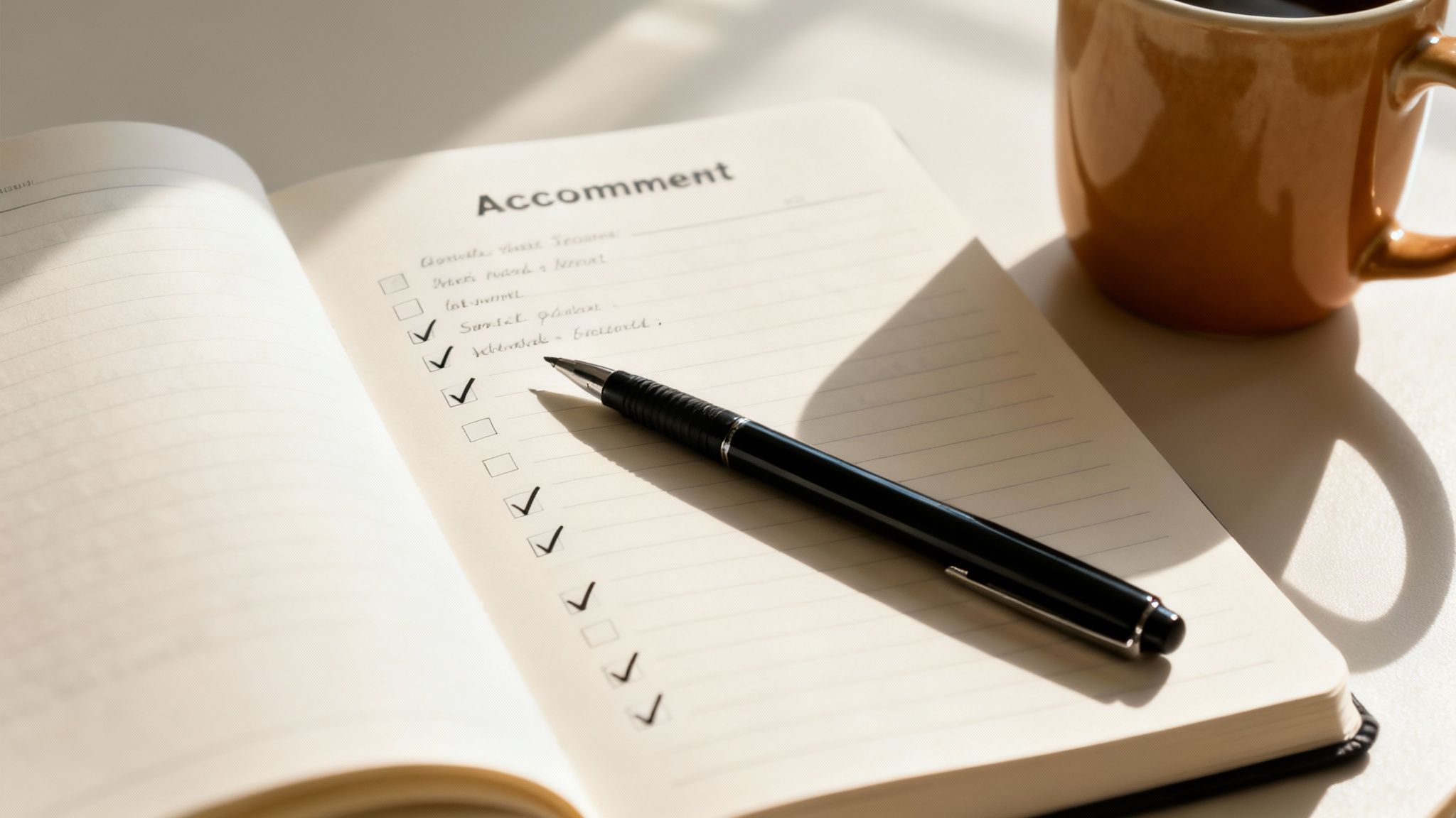 A black pen rests on an open notebook with a checklist, next to a brown coffee mug.