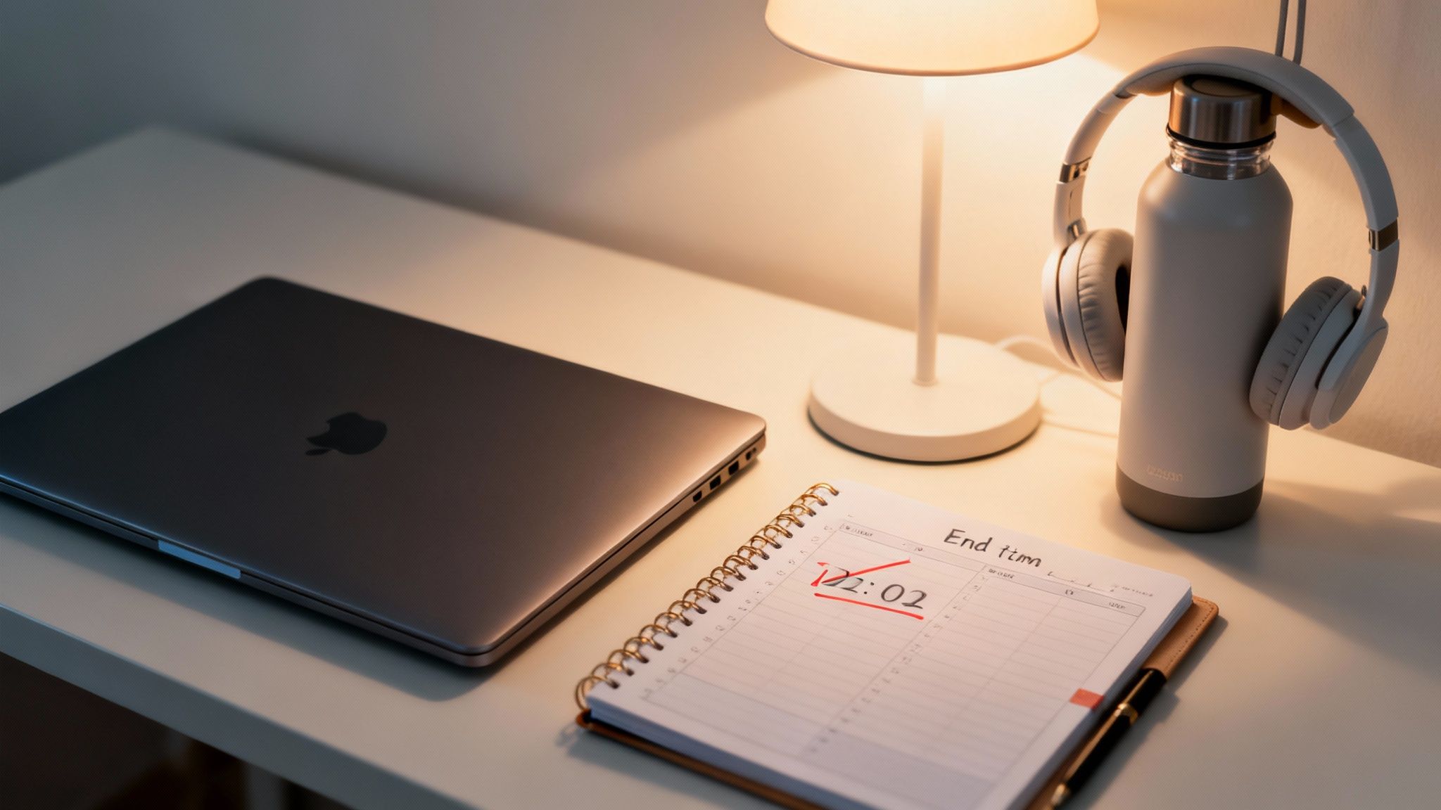 A well-lit home office desk with a closed laptop, water bottle, headphones, and notebook showing '12:02'.