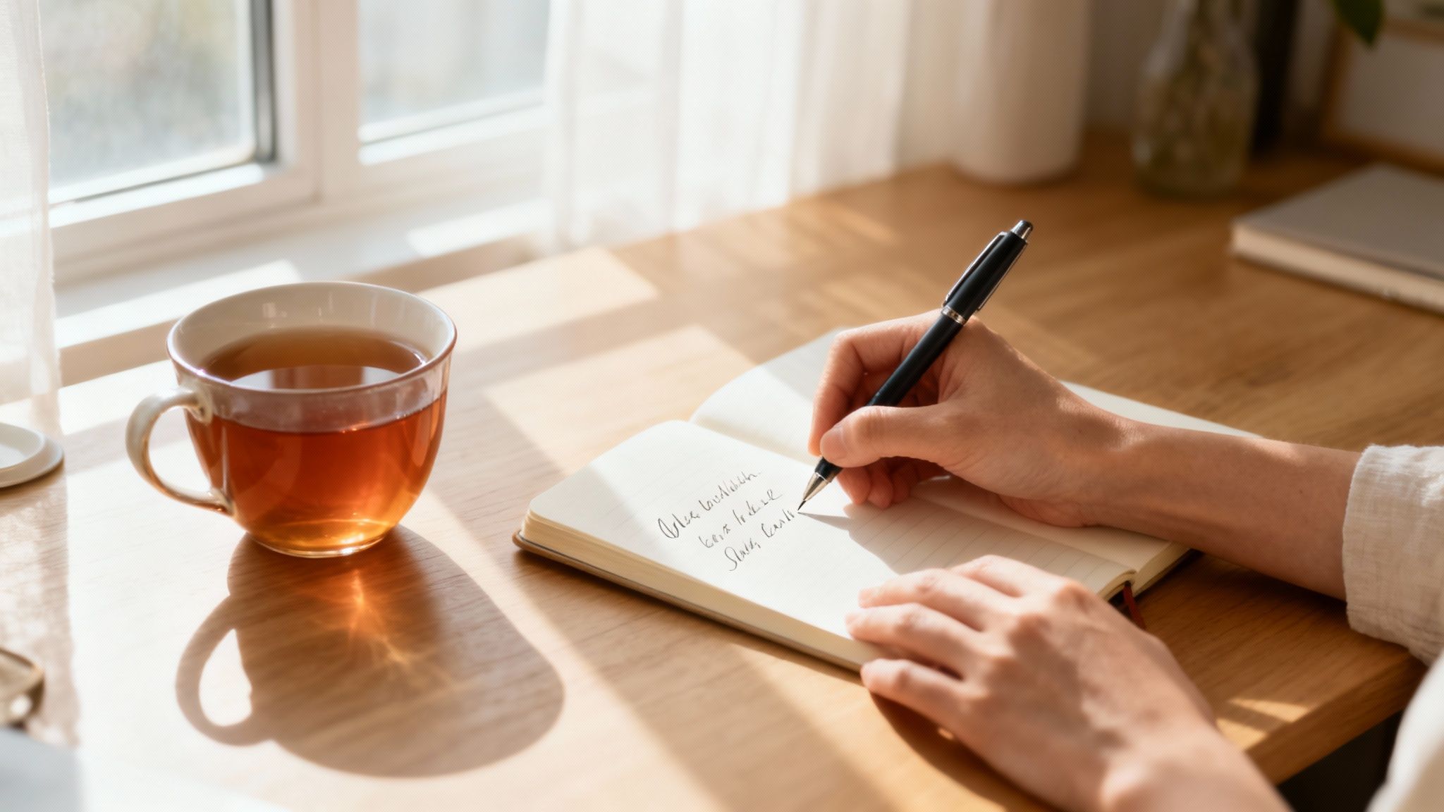A person writes in a notebook with a pen on a sunlit wooden desk next to a cup of tea.