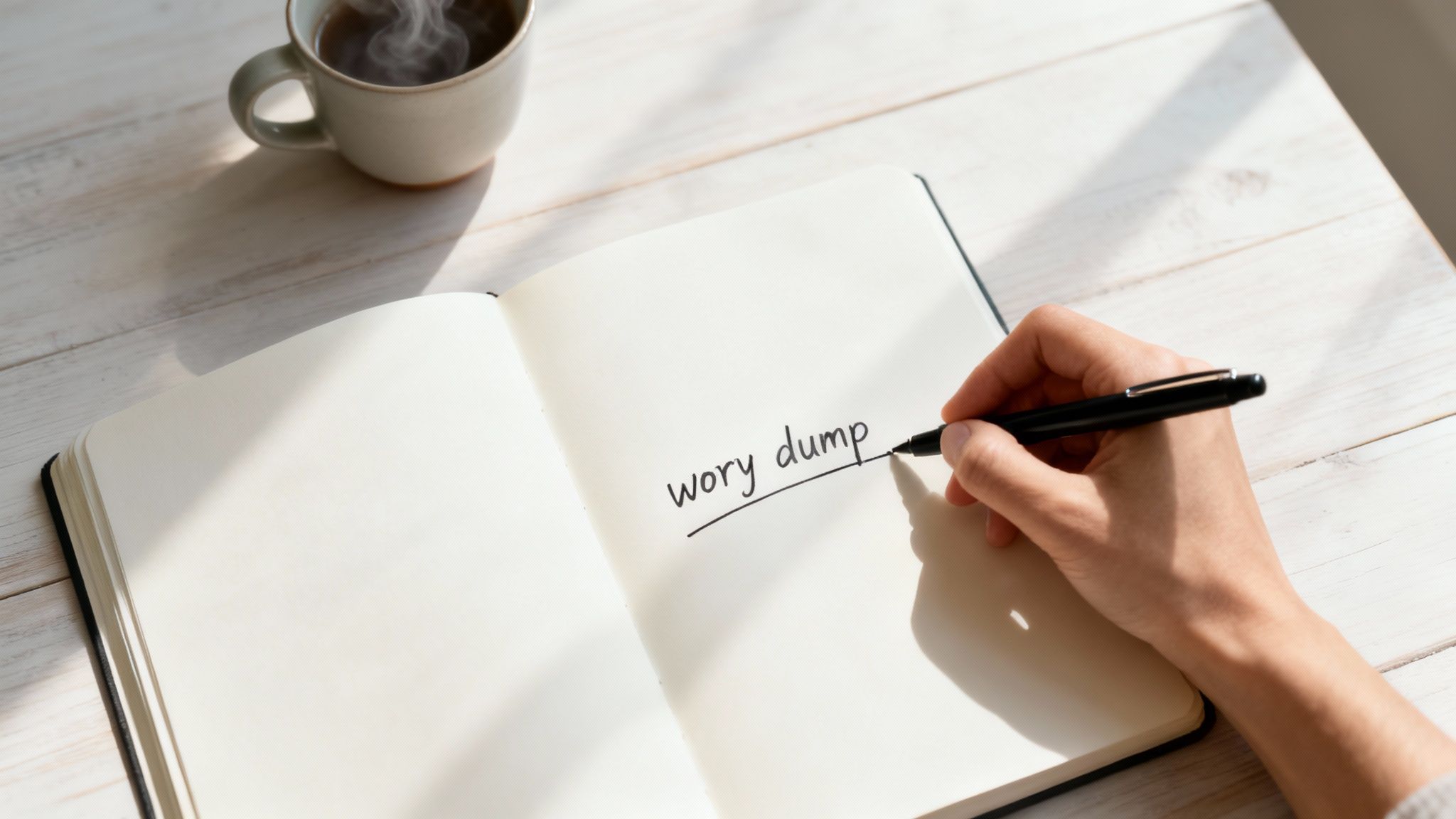 Person writing worry dump in notebook with coffee cup on white wooden desk