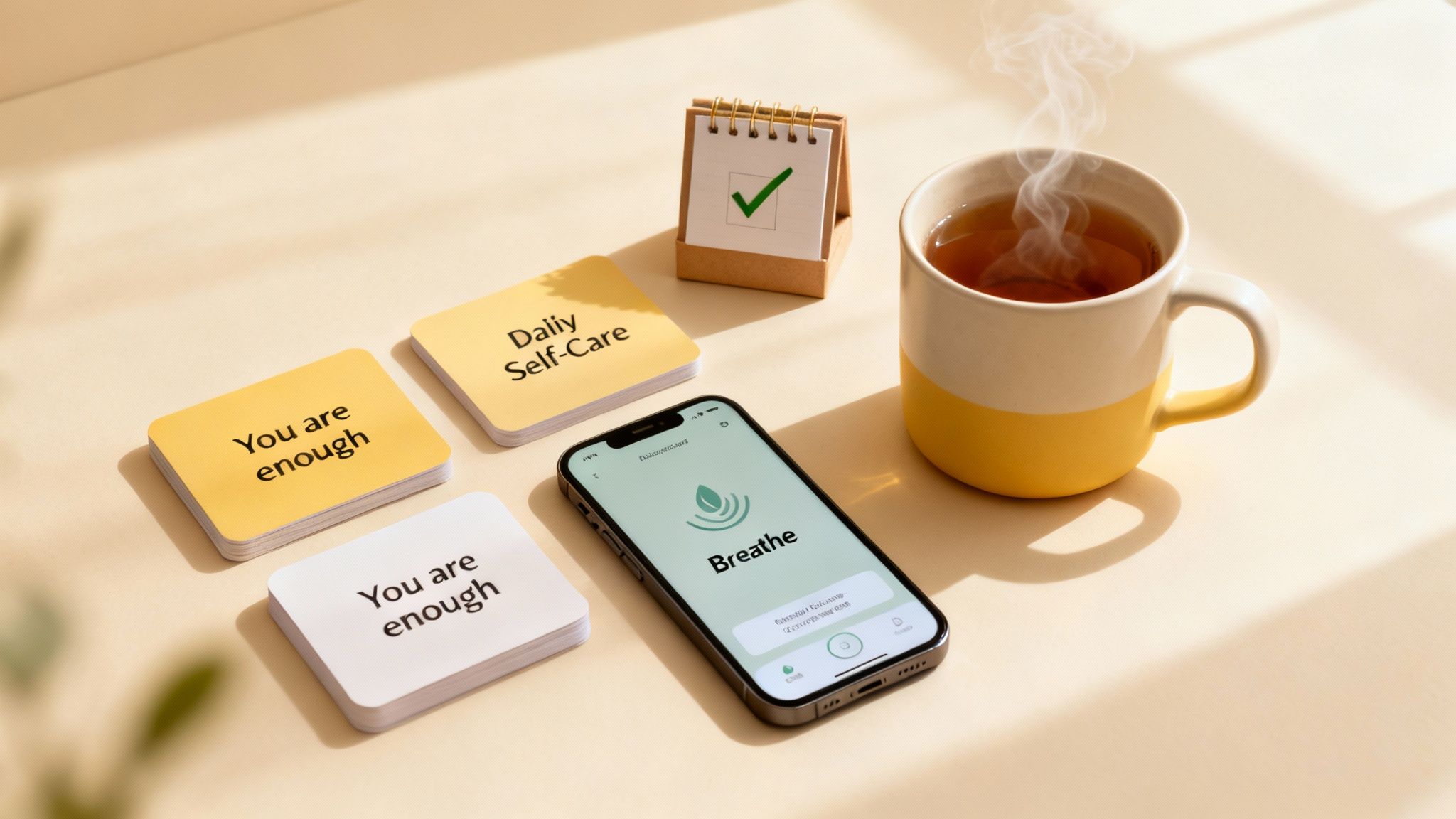 A person gently placing sticky notes with kind messages on a mirror to start their day.
