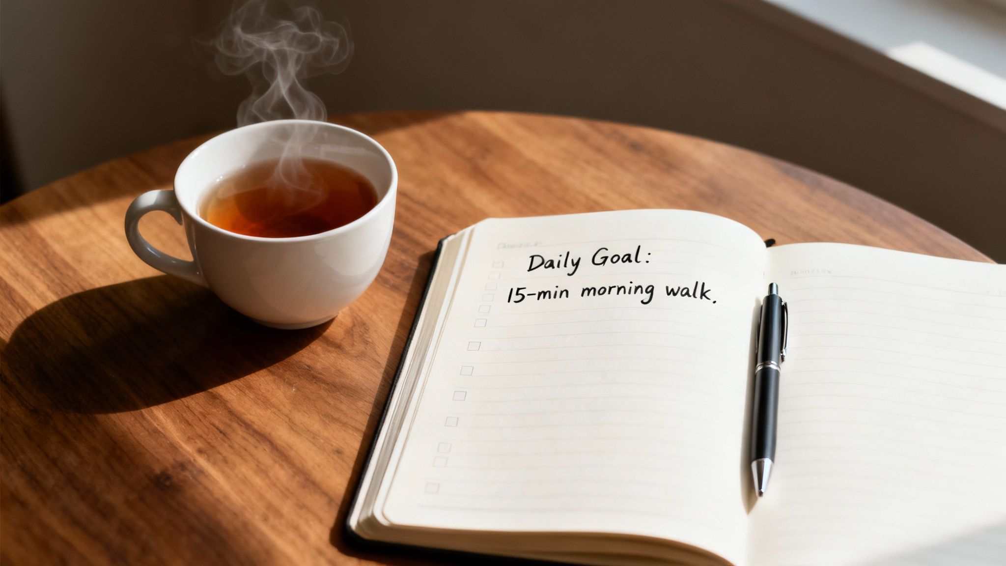 A cup of steaming tea next to an open notebook with a written daily goal on a wooden table.
