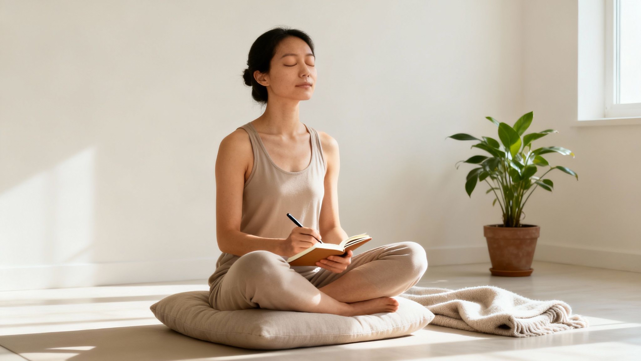 Young woman meditating and journaling on a cushion, practicing mindfulness in a calm room.
