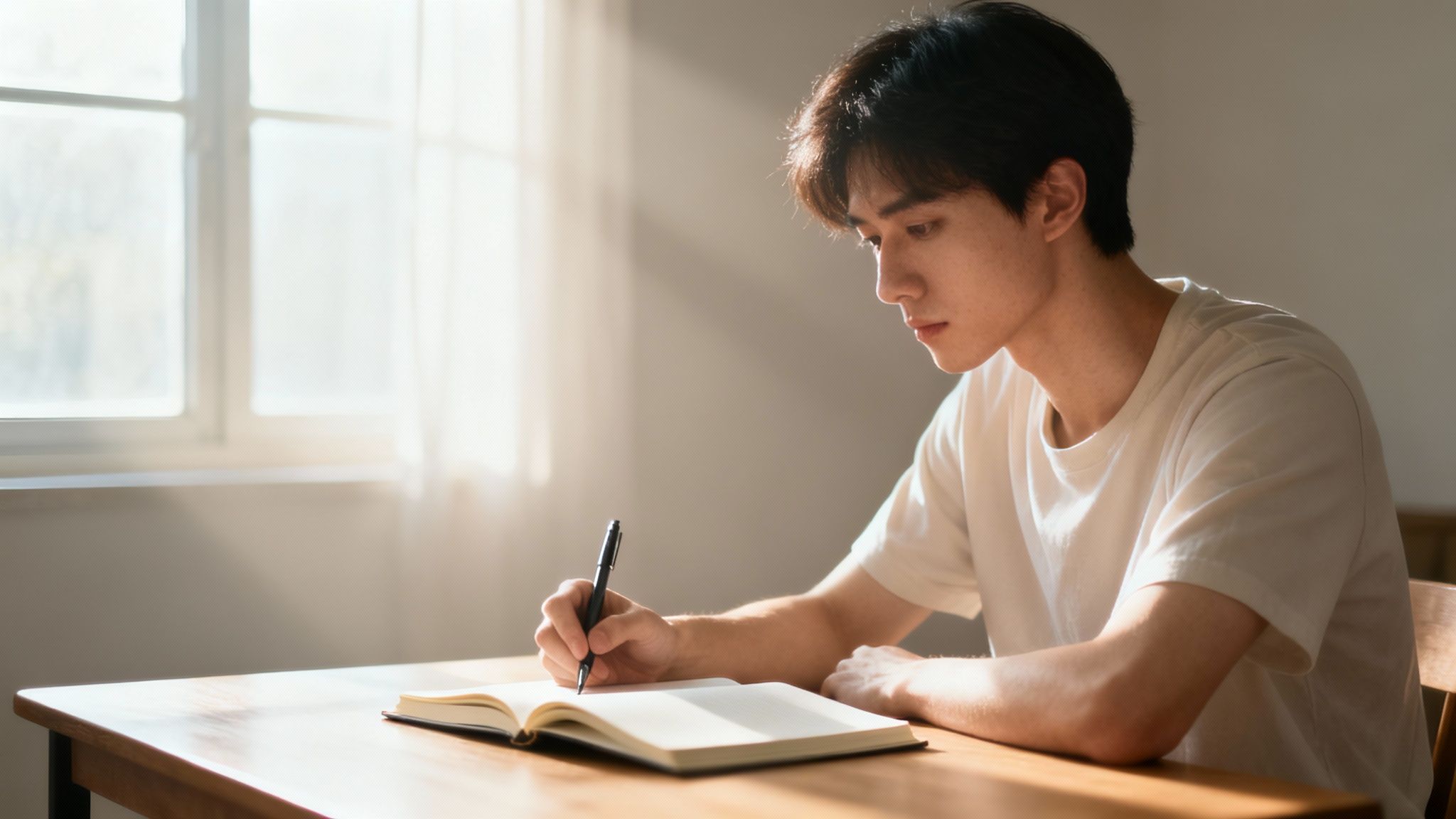 A focused young Asian man writes in a notebook at a wooden desk near a sunlit window.