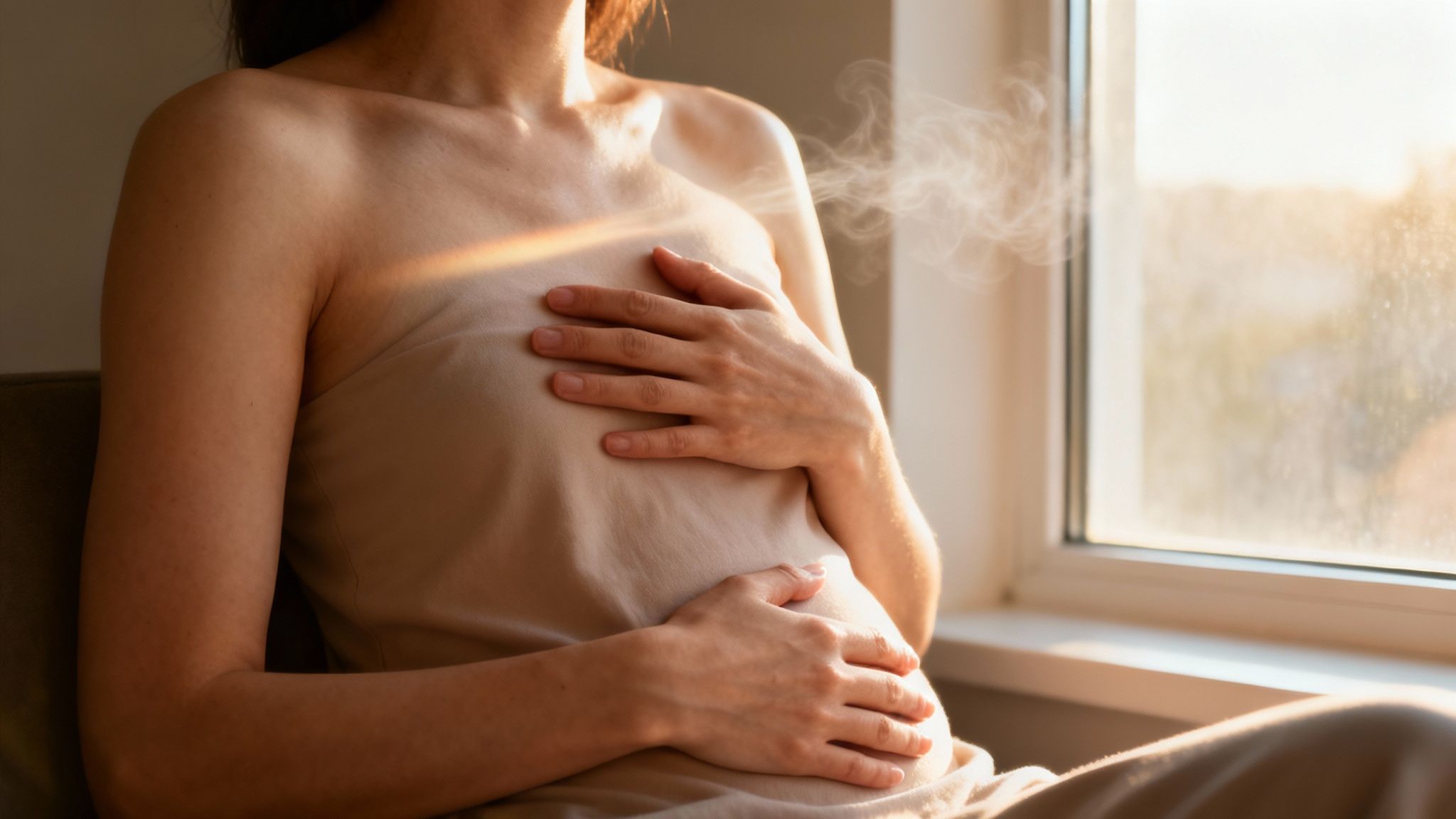 A woman tenderly holding her chest and stomach, bathed in warm sunlight, showing self-care.