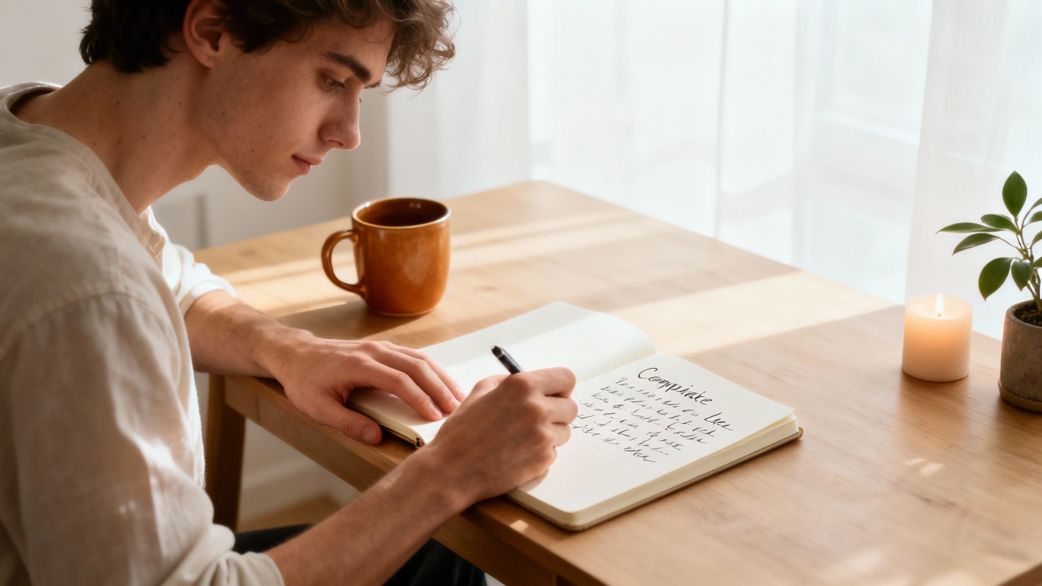 A young man focused on writing in a notebook at a sunny wooden desk, with a coffee mug, candle, and plant.