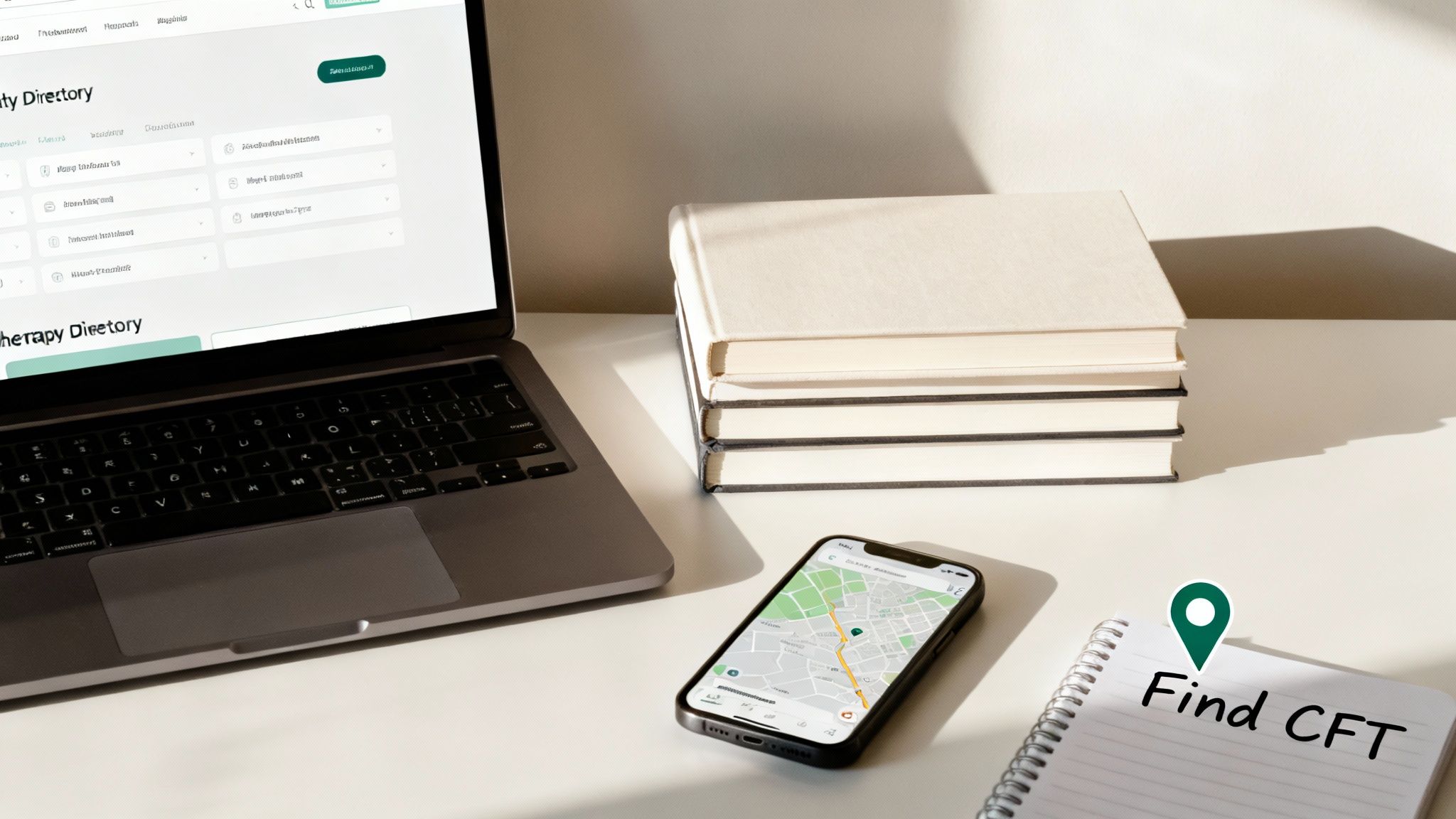 Workspace with a laptop showing a directory, stacked books, a phone with a map, and a notebook asking to 'Find CFT' for therapy.