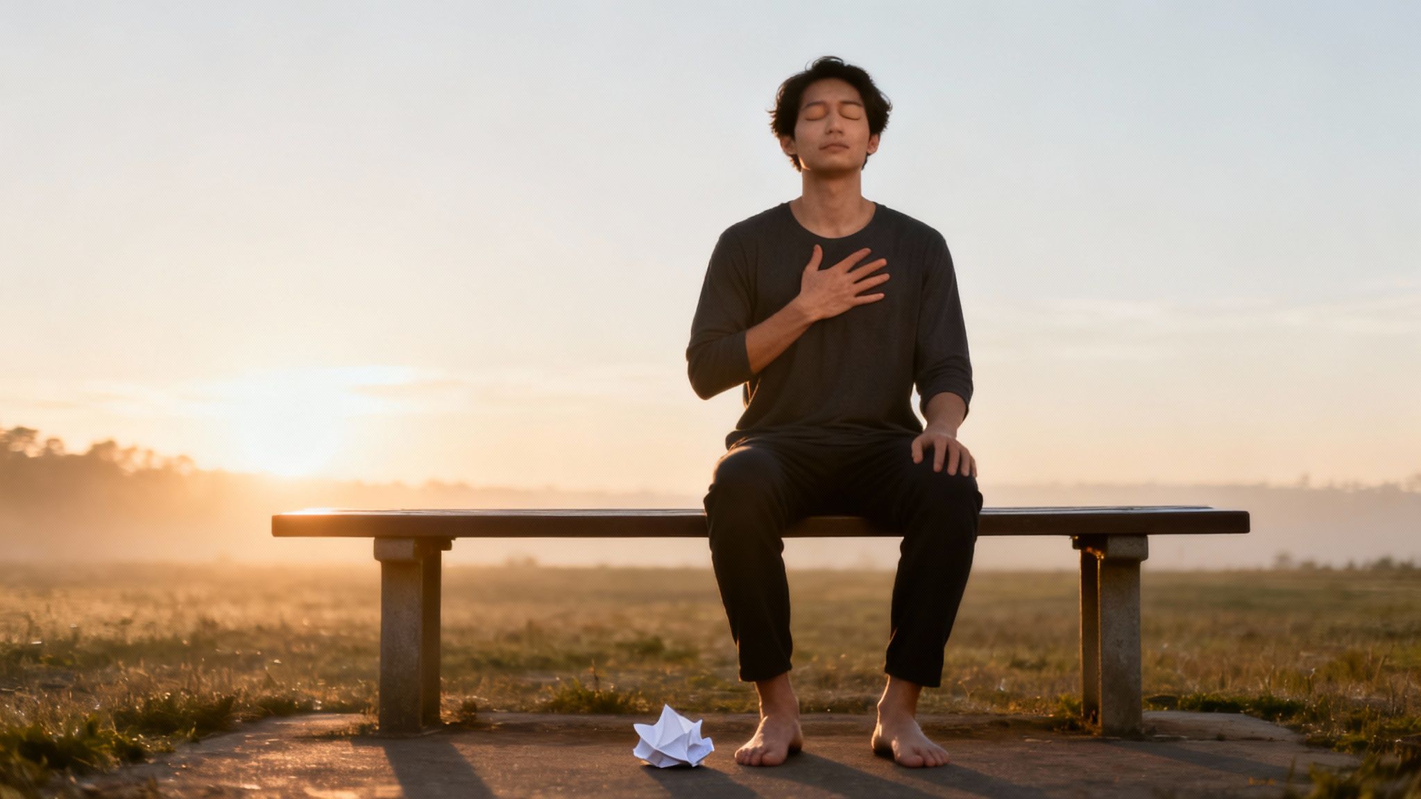 Young man meditating on a bench at sunrise, letting go of crumpled paper, finding peace.