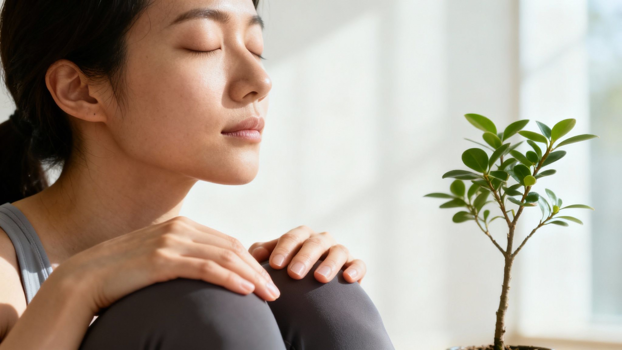Close-up of a woman meditating with her eyes closed, next to a small green plant in sunlight.