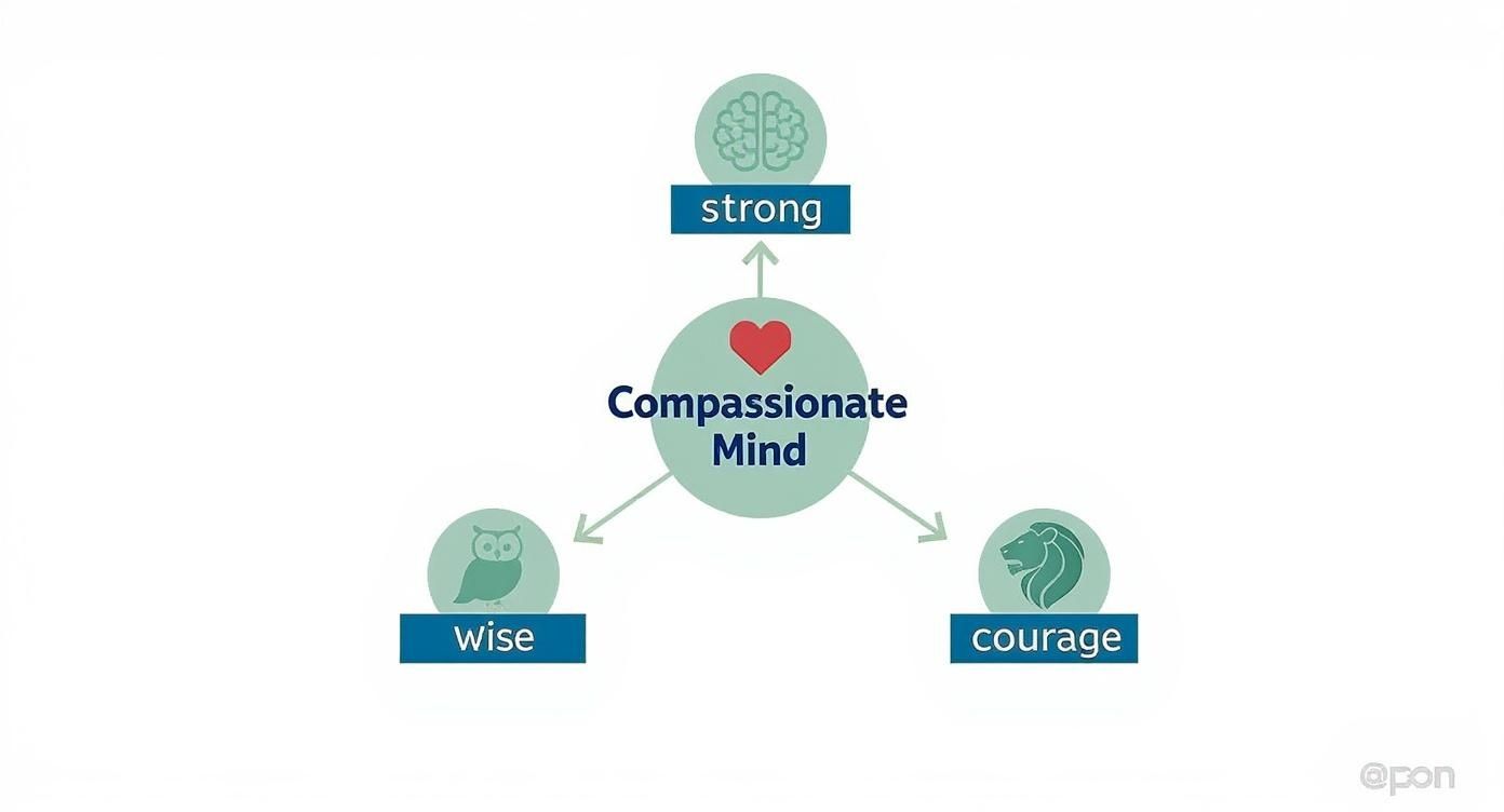 Compassionate mind diagram showing three attributes: strong brain, wise owl, and courage lion symbols