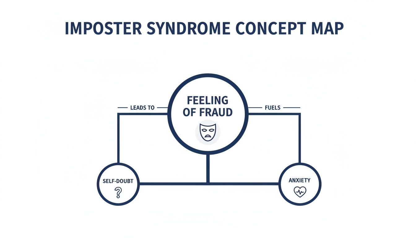 A concept map showing Imposter Syndrome, where 'Feeling of Fraud' leads to 'Self-Doubt' and fuels 'Anxiety'.