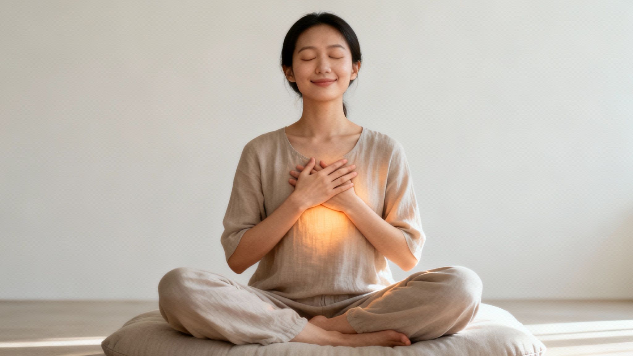 A serene Asian woman meditating with her eyes closed, hands over heart, emanating a warm healing glow.
