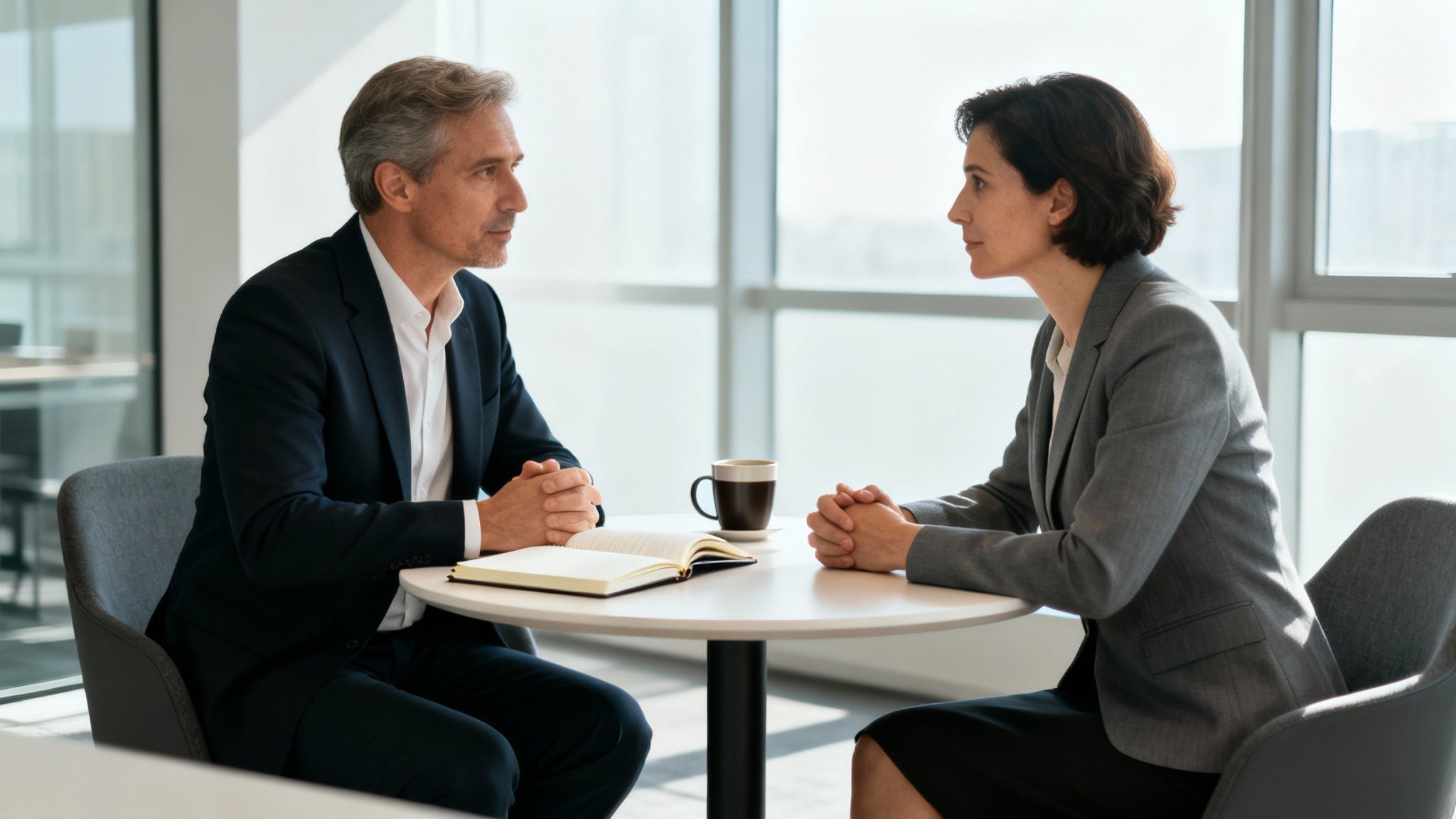 Two business professionals, a man and a woman, discuss at a table in a bright office.