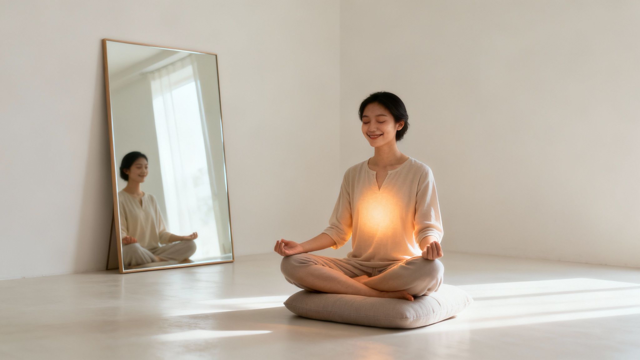 A serene woman meditating in a lotus position with glowing heart chakra, her reflection visible in a mirror.