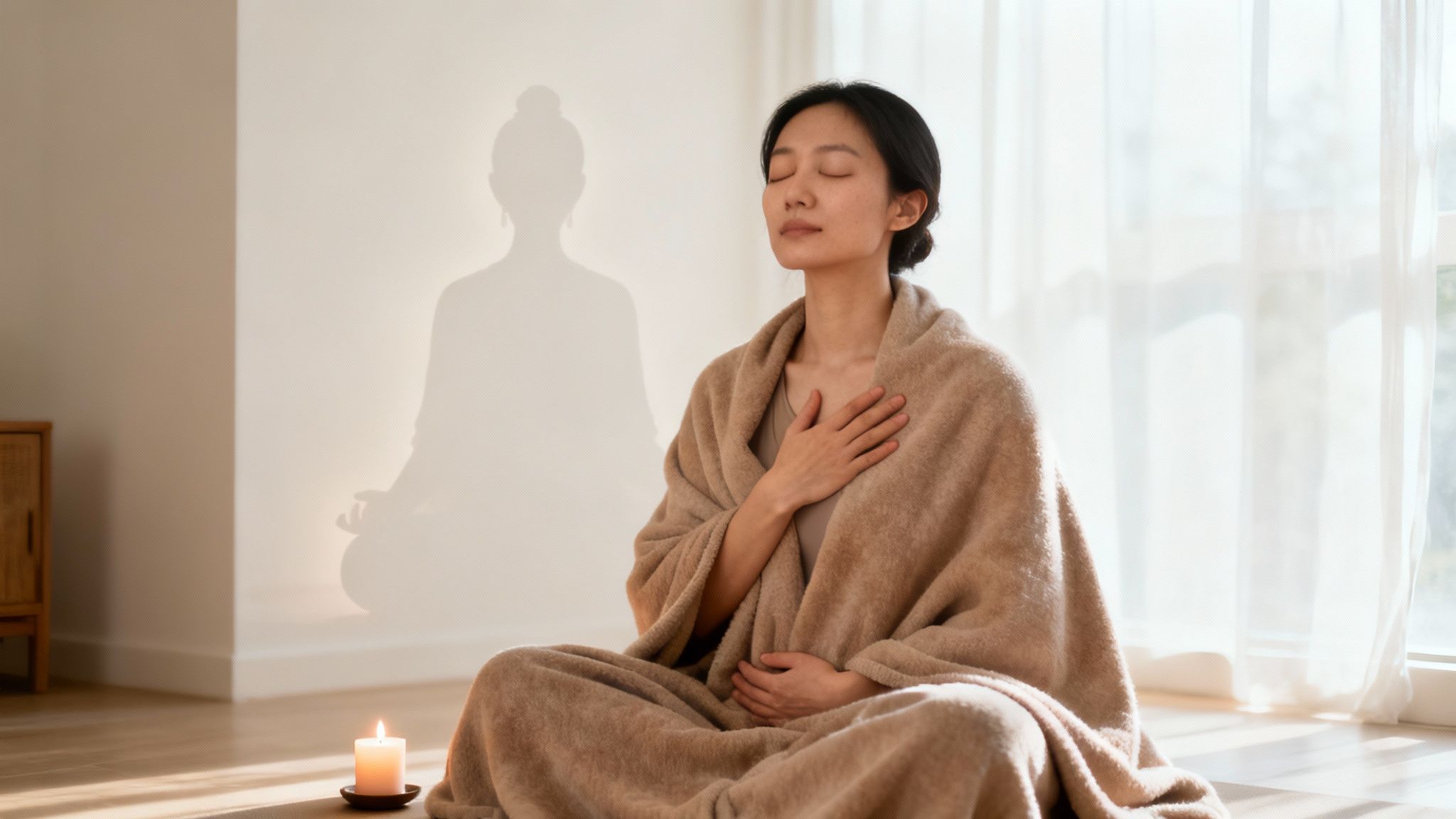 A woman meditates in a peaceful room with a candle and spiritual shadow.