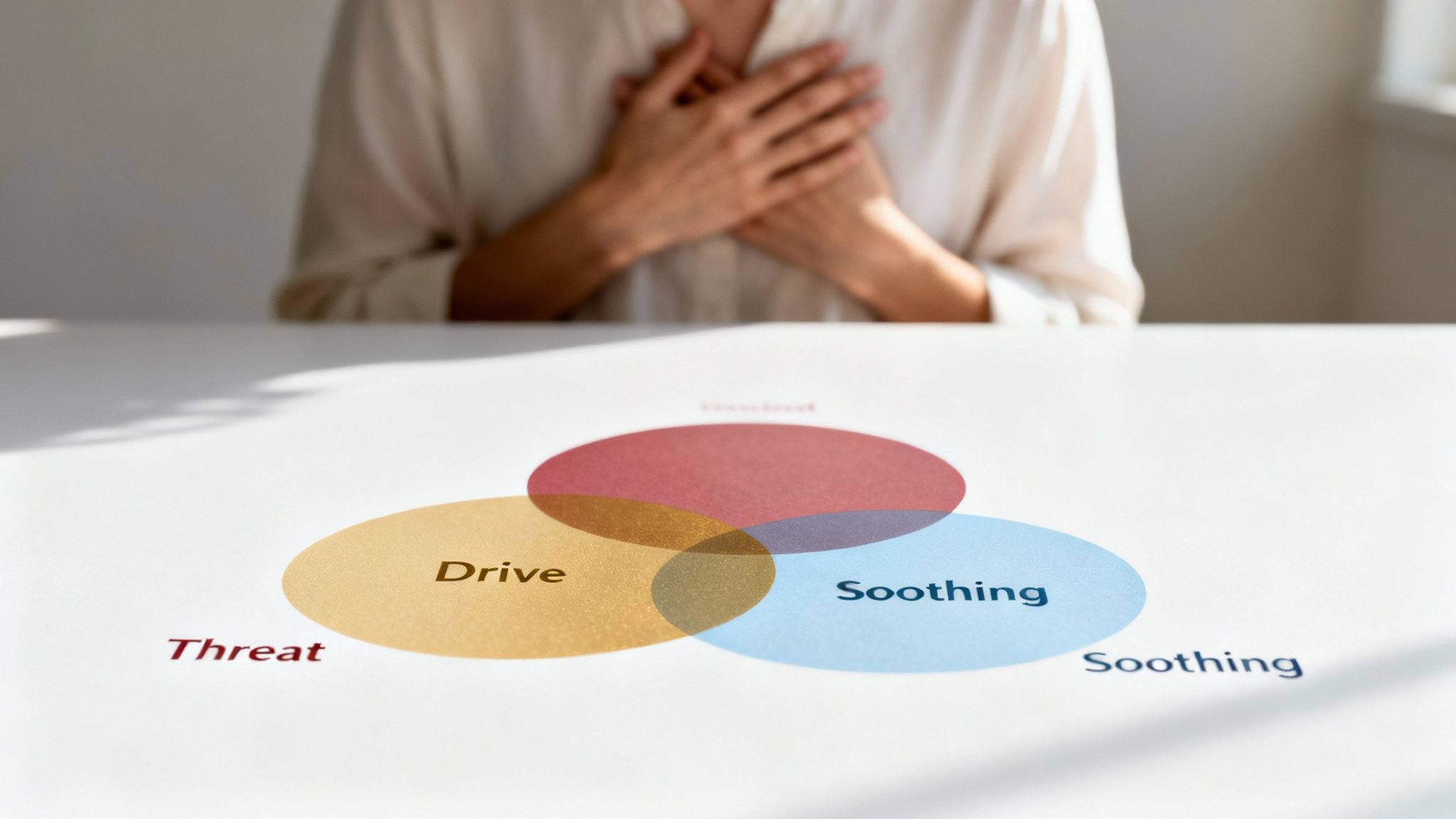 A person with hands on their chest looking at a diagram about threat, drive, and soothing systems.