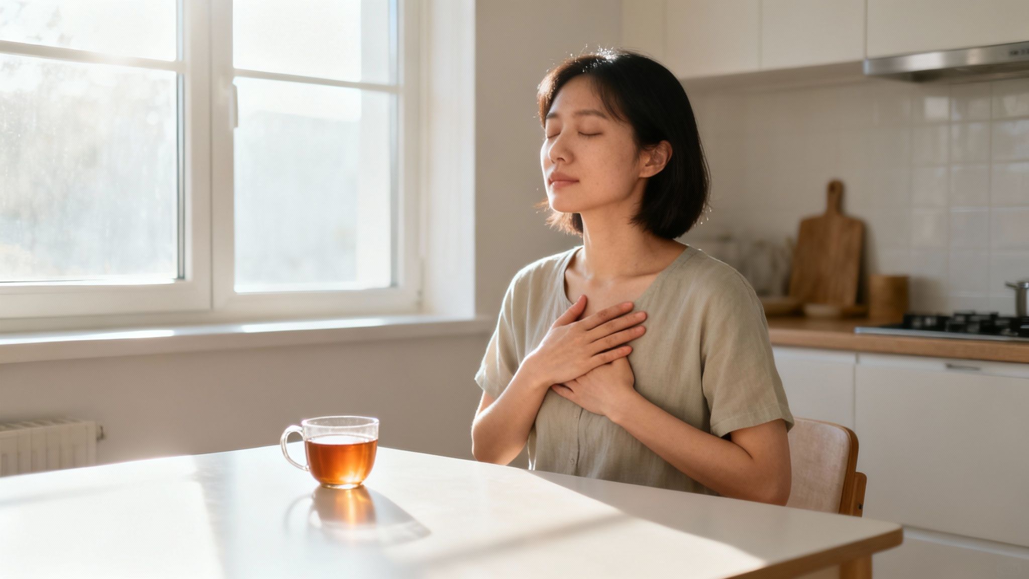 Young Asian woman meditating with hands on chest, sitting peacefully by a sunlit window with tea.
