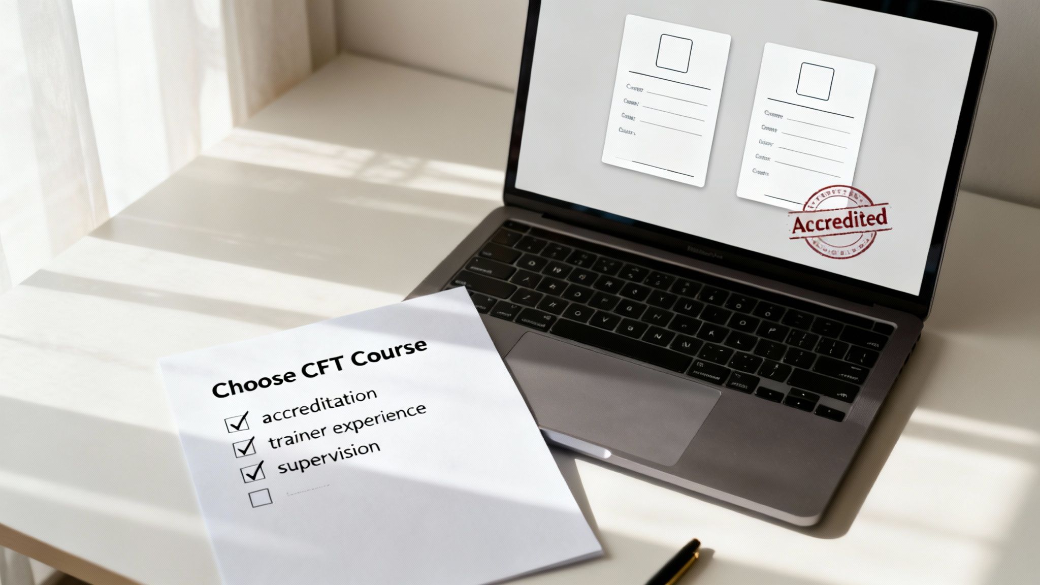 A checklist for choosing a CFT course, with accreditation and trainer experience checked, next to a laptop displaying an 'Accredited' stamp.