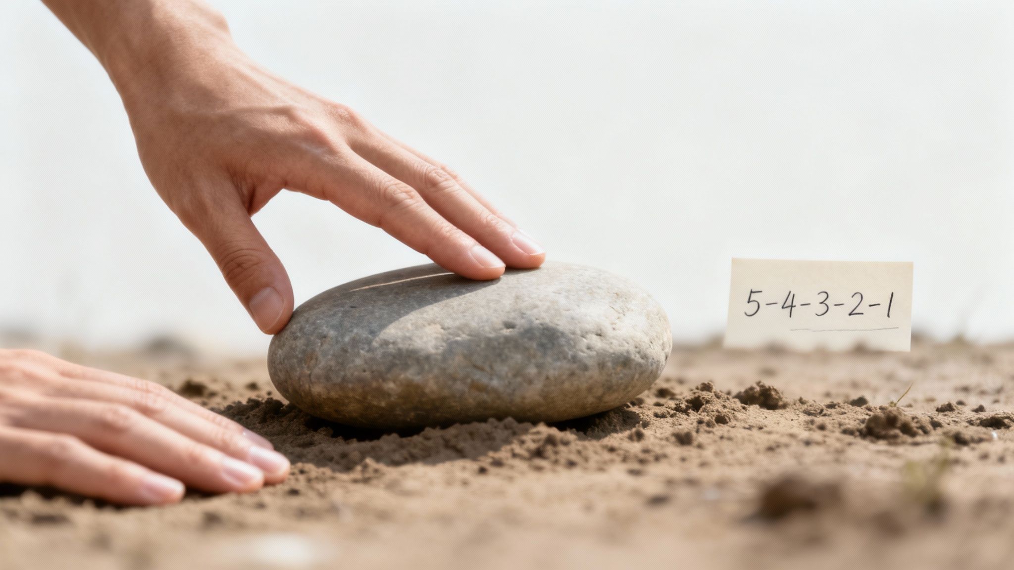 Hand placing smooth stone on sand demonstrating mindful grounding technique for stress relief and anxiety management