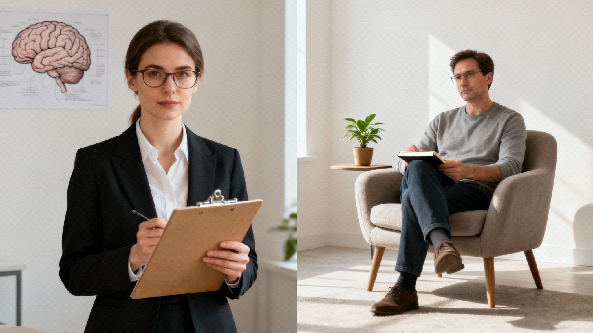 A female psychologist with a clipboard and a male client in a therapy session.