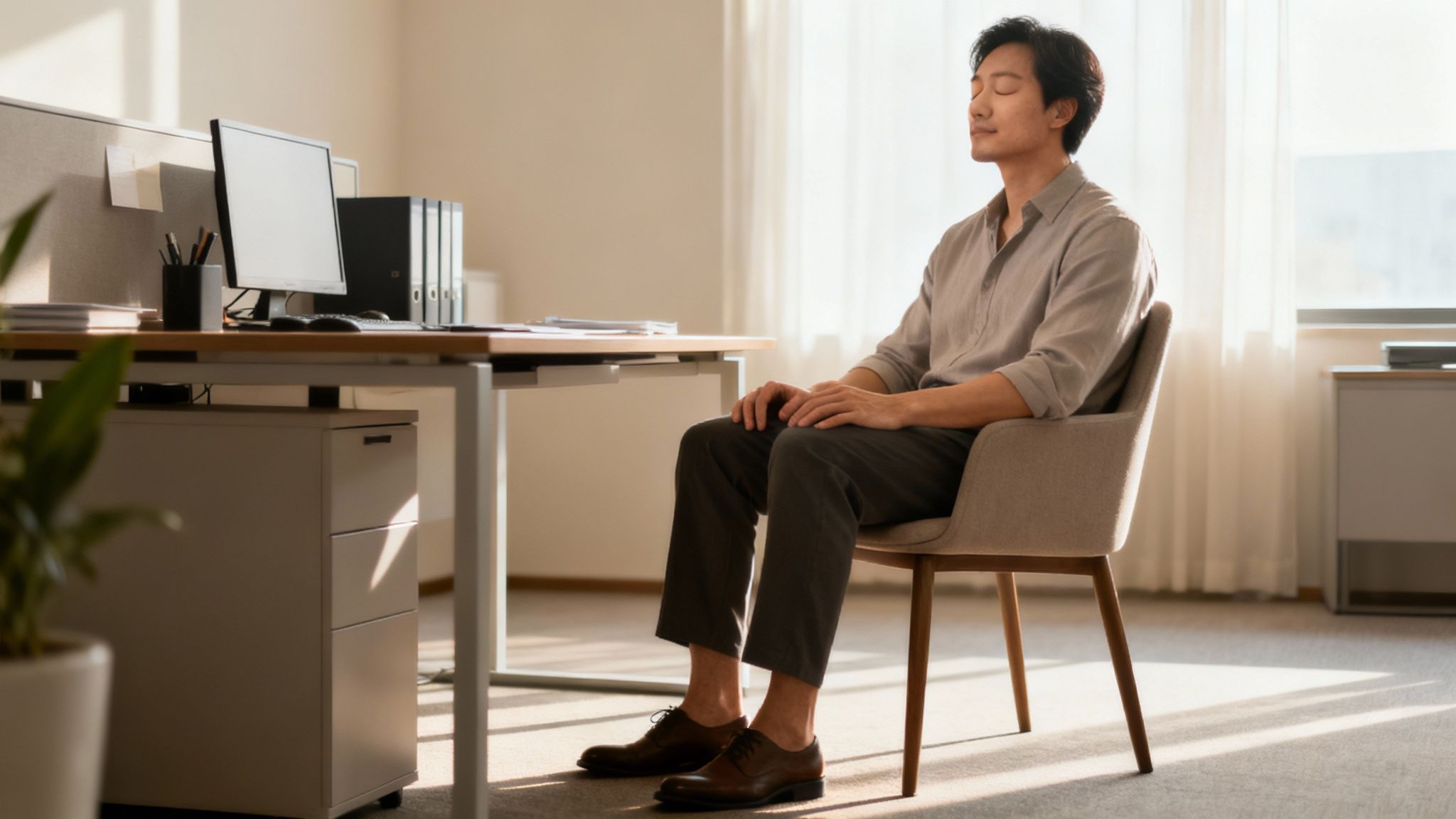Asian man meditating at his office desk with eyes closed, bathed in warm sunlight.