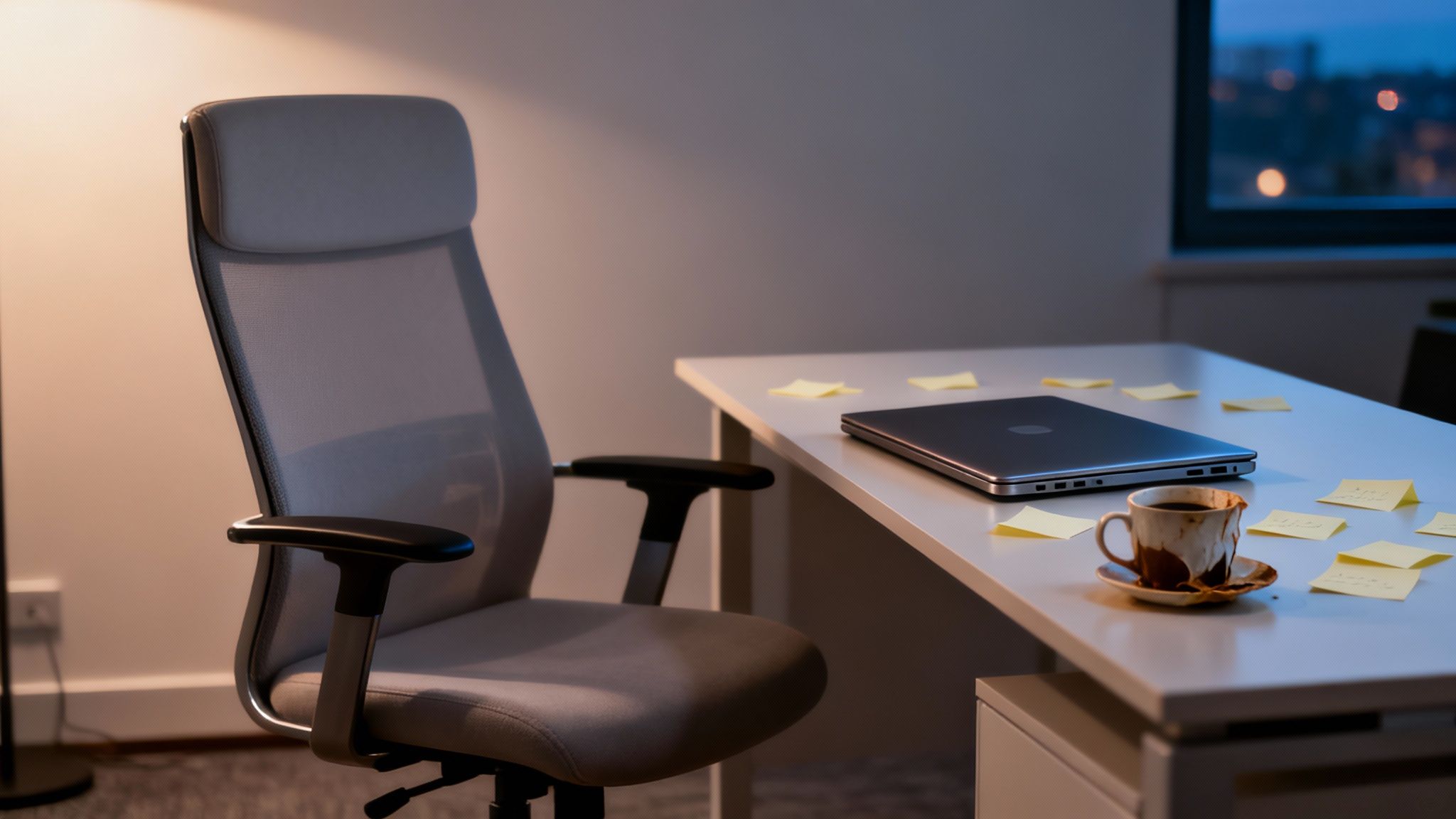 Desk with a laptop, coffee, and many sticky notes, beside an empty ergonomic office chair.