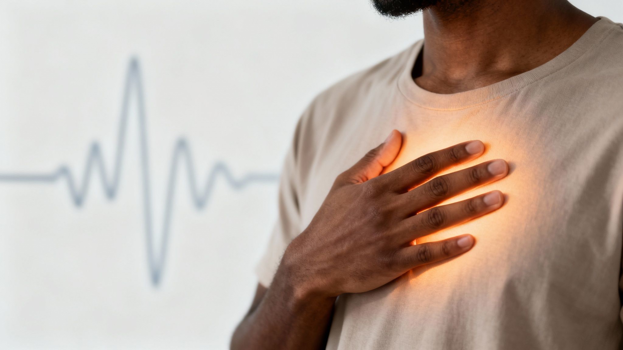 Close-up of a person with dark skin holding hand over glowing chest, blurred heart rate line.