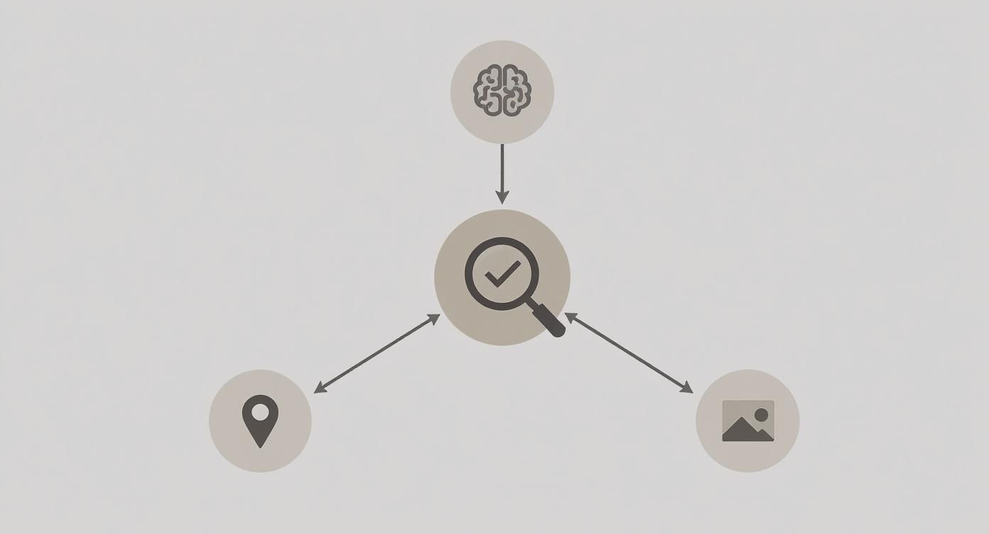 Diagram showing a magnifying glass with checkmark central to brain, location pin, and image icons, representing information verification.