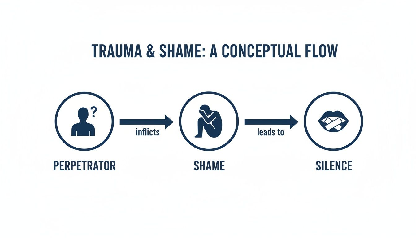 Conceptual flow diagram showing a perpetrator inflicting shame, which then leads to silence.
