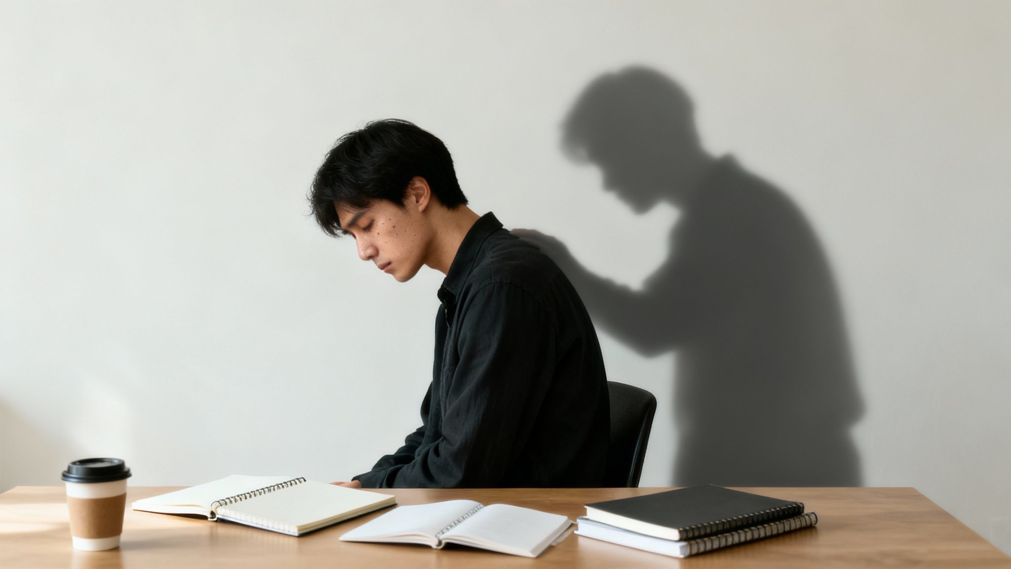 A young man sits at a desk with notebooks, receiving comfort from a supportive shadow hand on his shoulder.