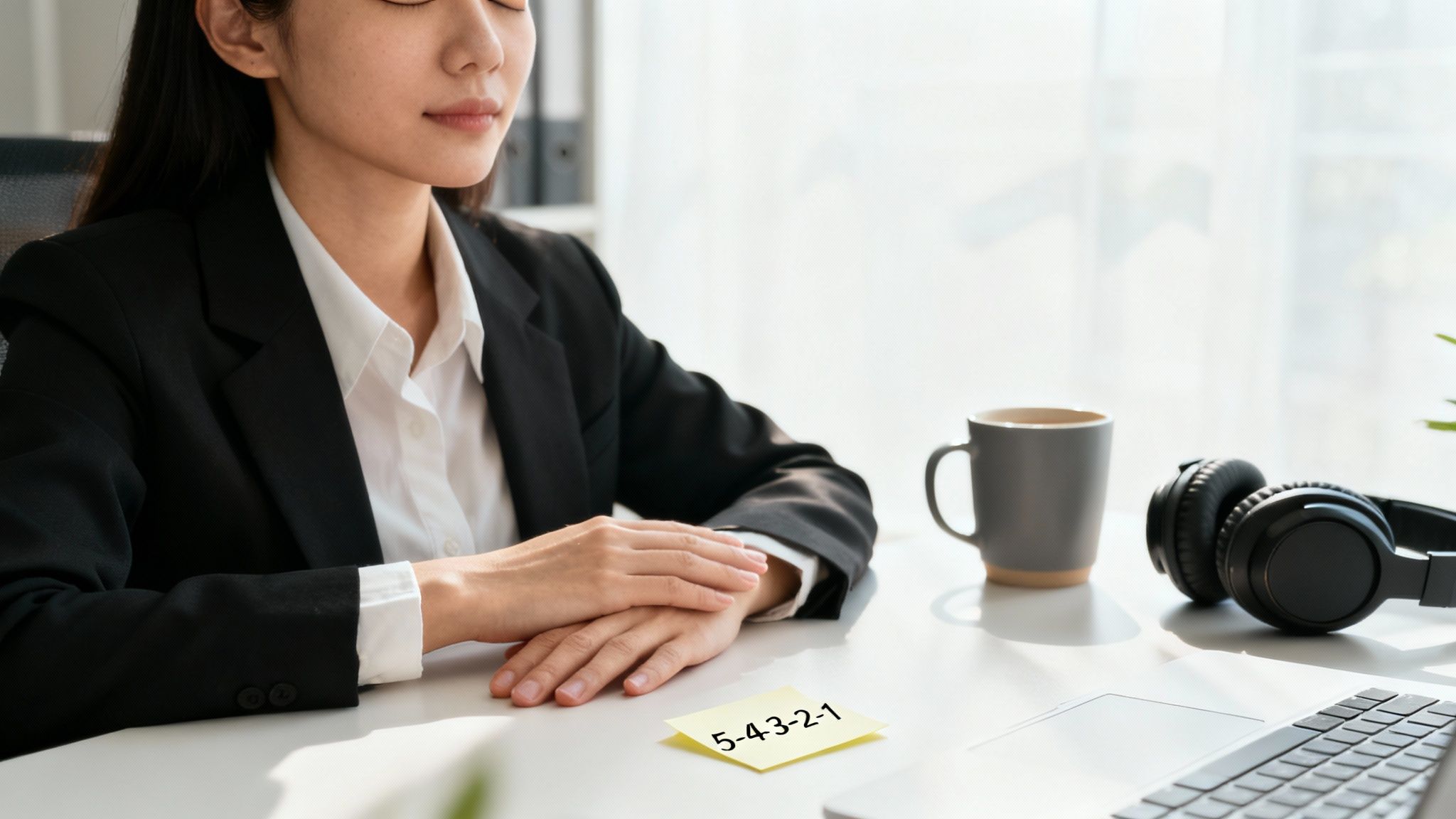 Person practising a calming breathing technique at their desk