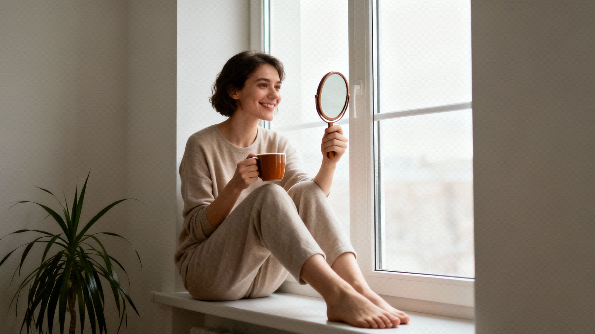 A smiling woman in comfortable loungewear sits on a windowsill, holding a coffee cup and mirror.