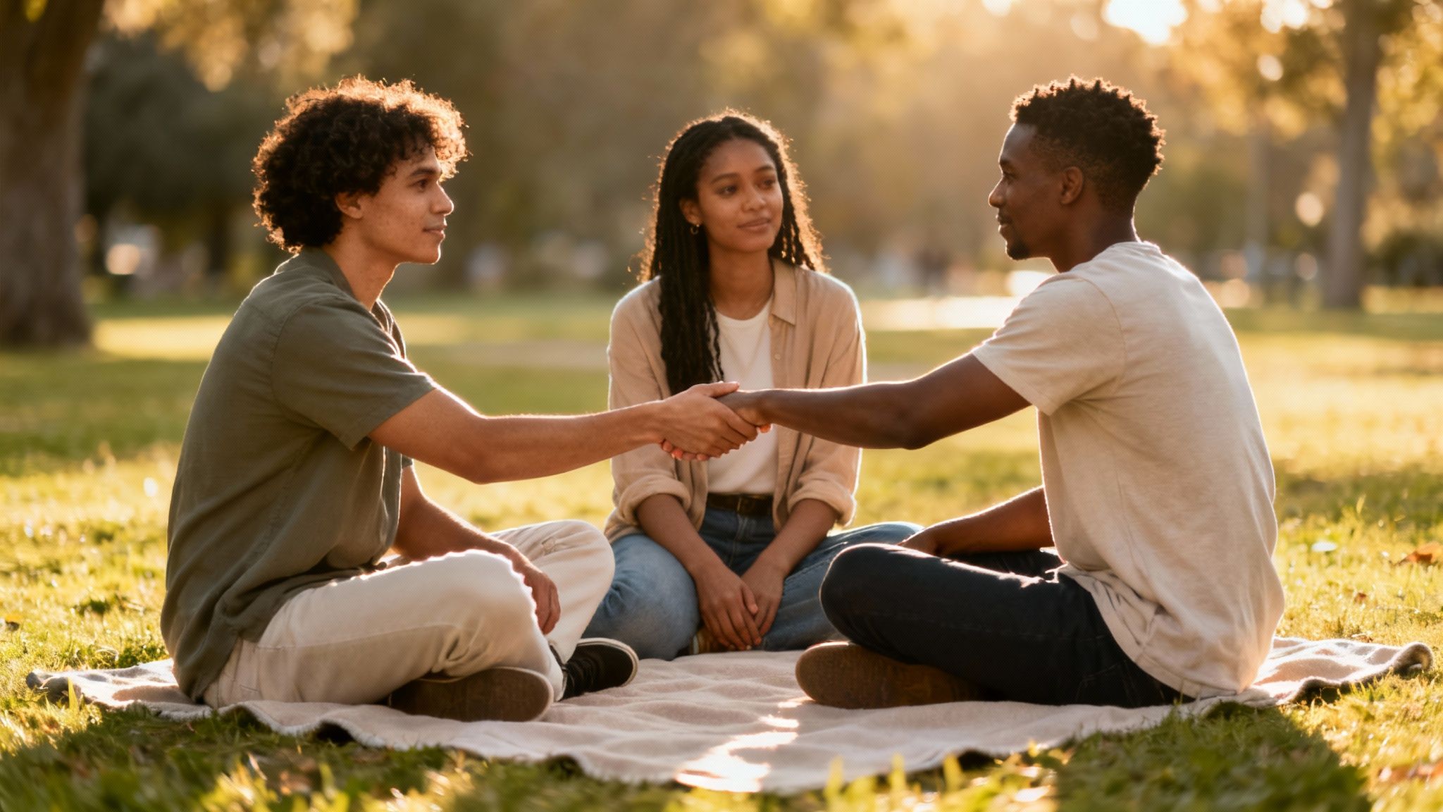Three diverse young friends shaking hands while sitting together on blanket in sunny park