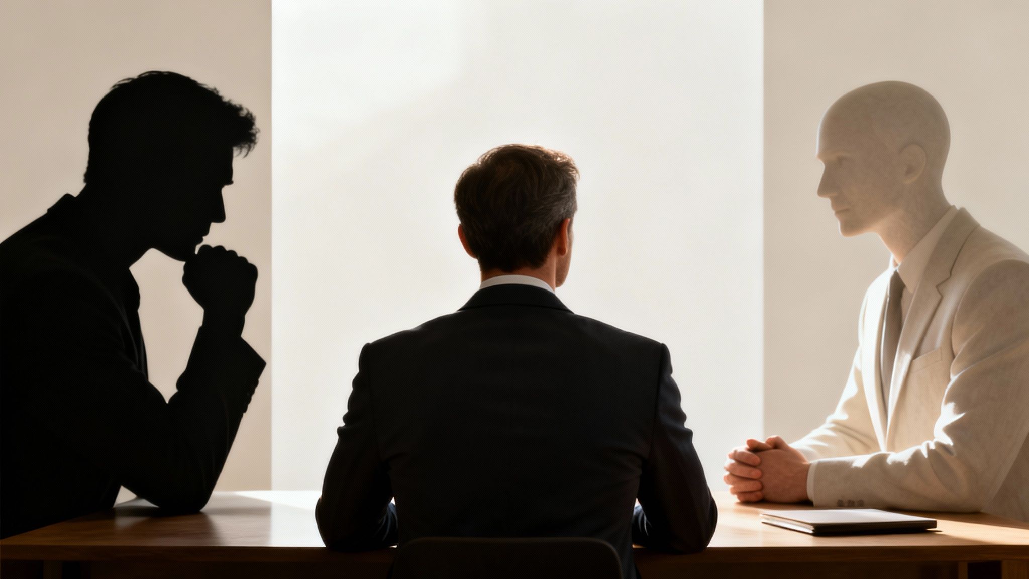 A businessman at a desk, flanked by his dark silhouette and a translucent future self, symbolizing self-reflection.