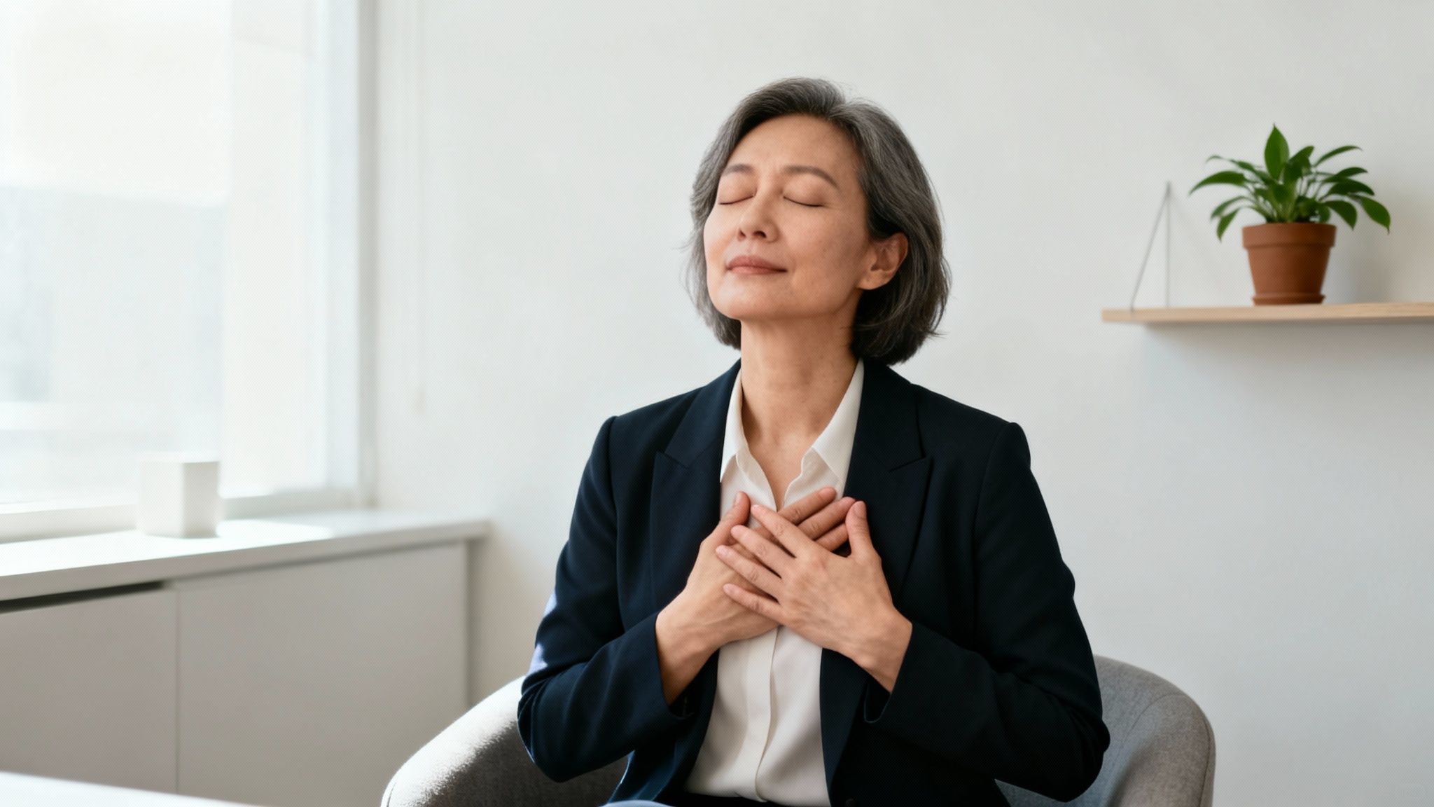 Serene Asian woman meditating with closed eyes and hands over her heart, finding peace.