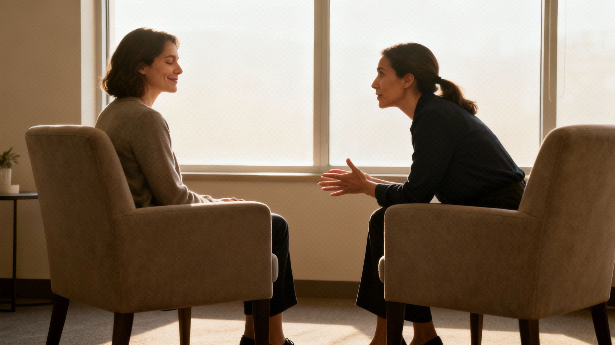 Two women engage in a compassionate therapy session, one speaking, the other listening intently.