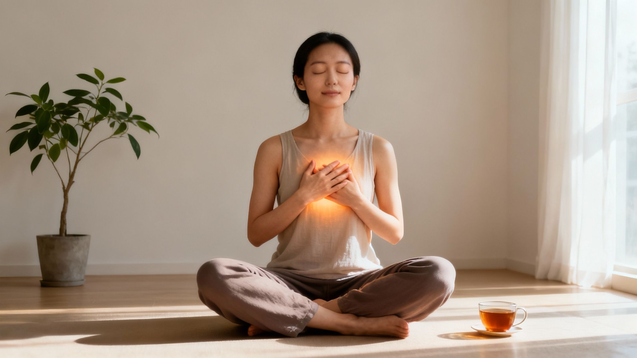 Woman meditating in a serene room with a glowing heart, promoting peace and self-love.