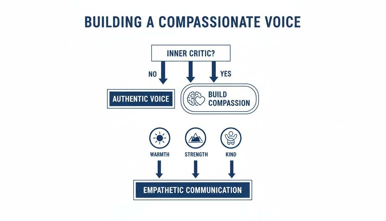 A flowchart showing how to build a compassionate voice, leading to empathetic communication through warmth, strength, and kindness.