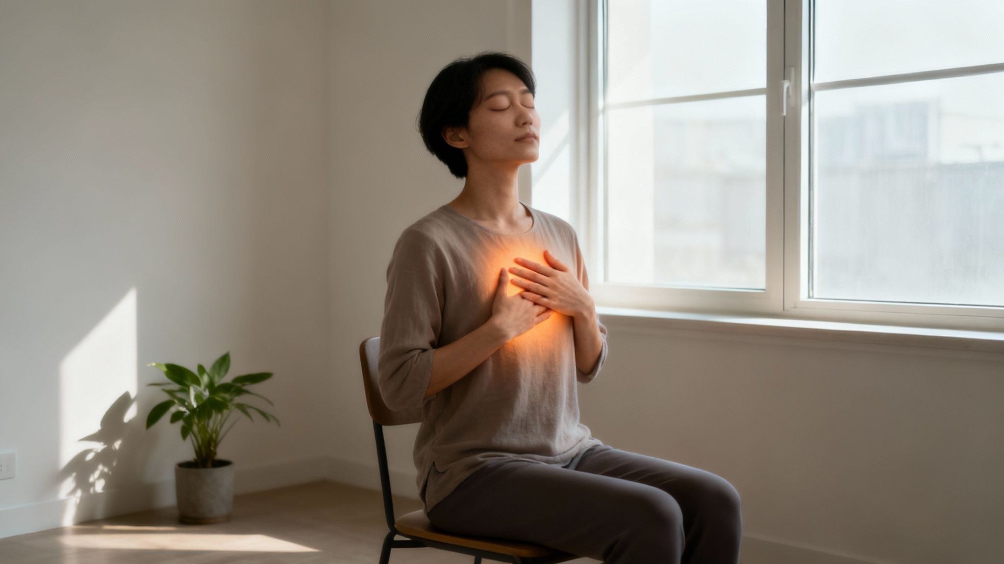 Woman practicing mindful breathing exercise with hands on chest in peaceful sunlit room