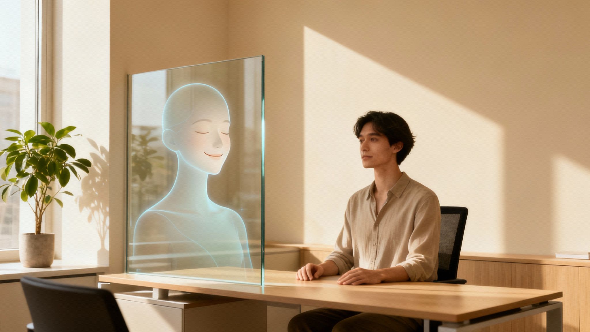 Young man interacts with a glowing holographic female face on a transparent screen at his desk.