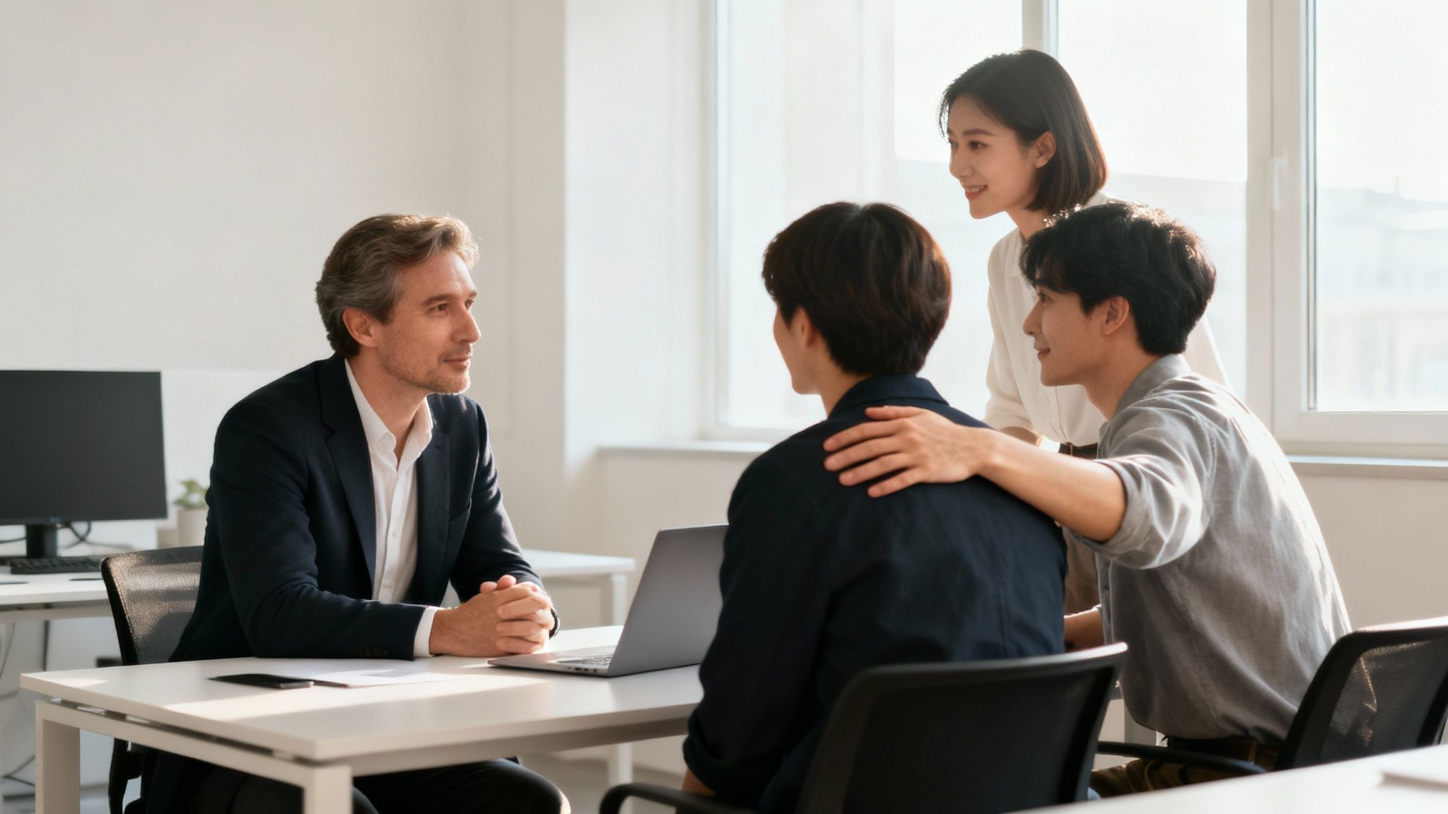 Diverse team of professionals in an office, an older man conversing with three younger colleagues.
