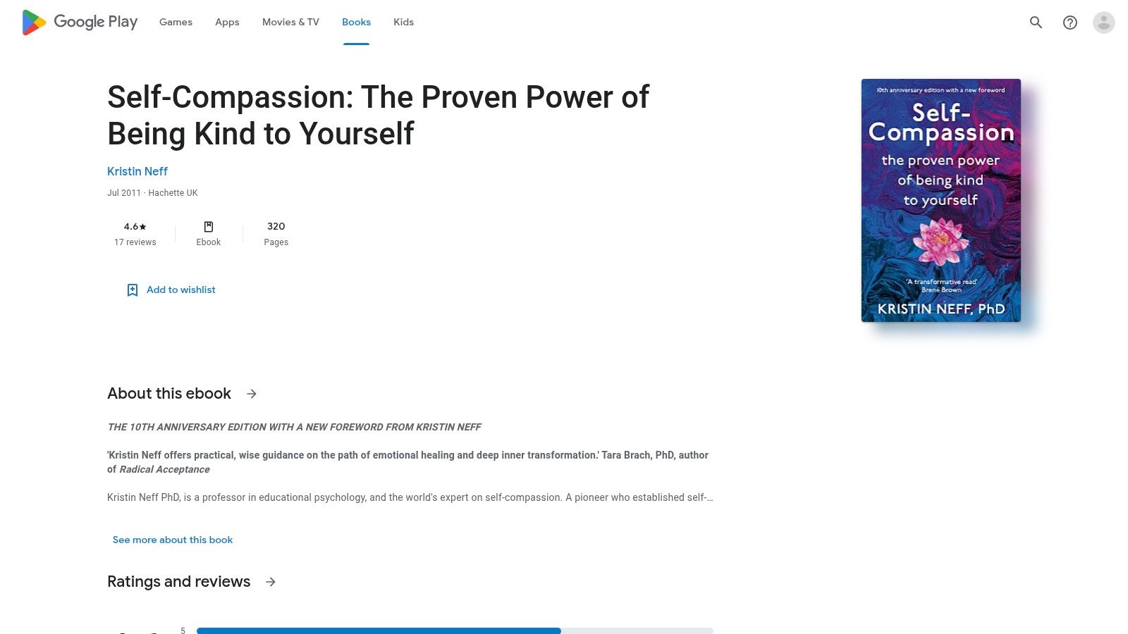 Google Play Books (UK) page showing a self-compassion book listing
