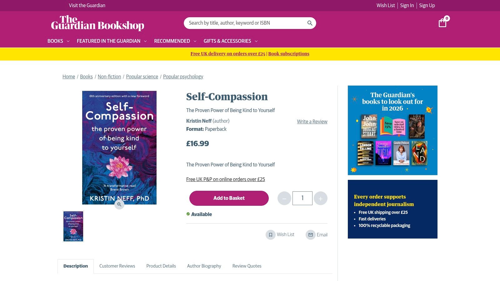 Guardian Bookshop page showing Kristin Neff's self-compassion book listing