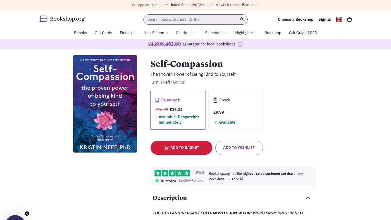Bookshop.org UK page showing a self-compassion book listing