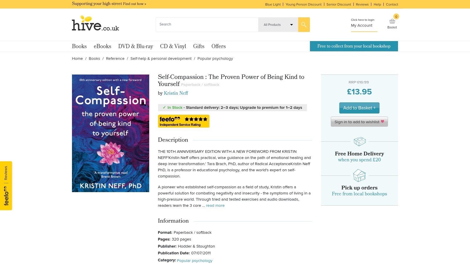 Hive.co.uk showing a self-compassion book listing